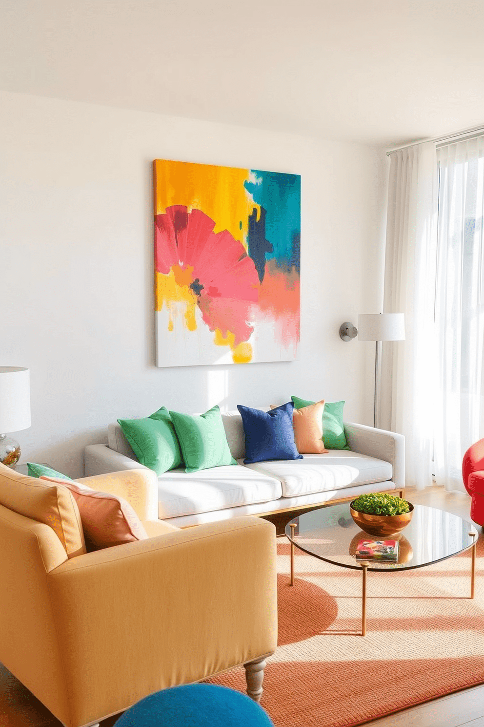 A bright and airy living room features a large canvas painting with vibrant colors that draws the eye. The artwork is hung above a sleek, modern sofa adorned with colorful throw pillows that complement the overall decor. In the corner, a stylish armchair in a bold hue adds personality to the space. Light, sheer curtains allow natural light to flood in, enhancing the cheerful atmosphere of the spring-themed apartment.