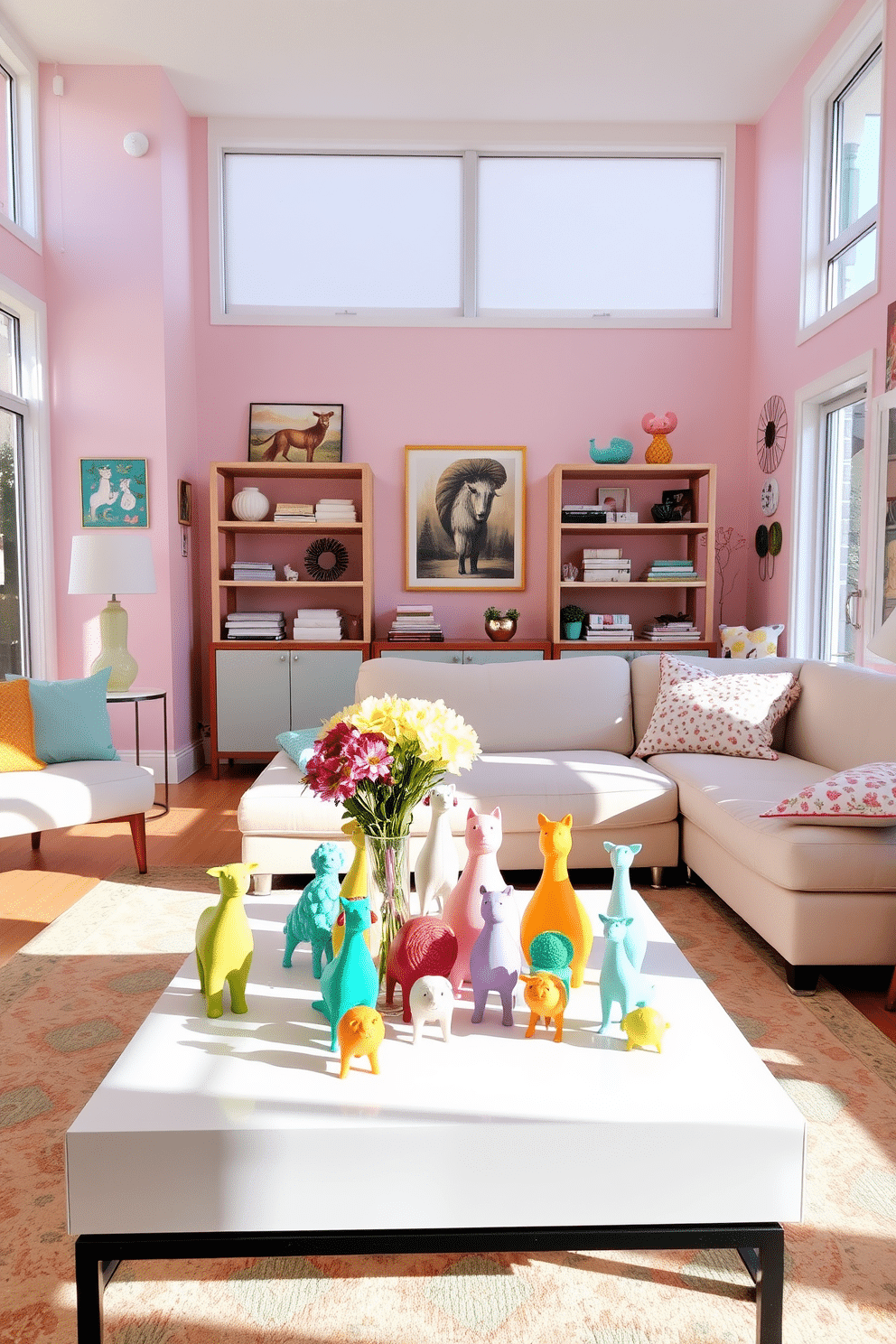 A bright and cheerful living room filled with playful animal figurines that add a whimsical touch to the decor. The space features a soft pastel color palette with light pink and mint green accents, complemented by a cozy sectional sofa and a large area rug. On the coffee table, a collection of colorful animal sculptures sits alongside fresh flowers in a vibrant vase. Large windows allow natural light to flood the room, highlighting the cheerful artwork on the walls and the playful accents throughout the space.