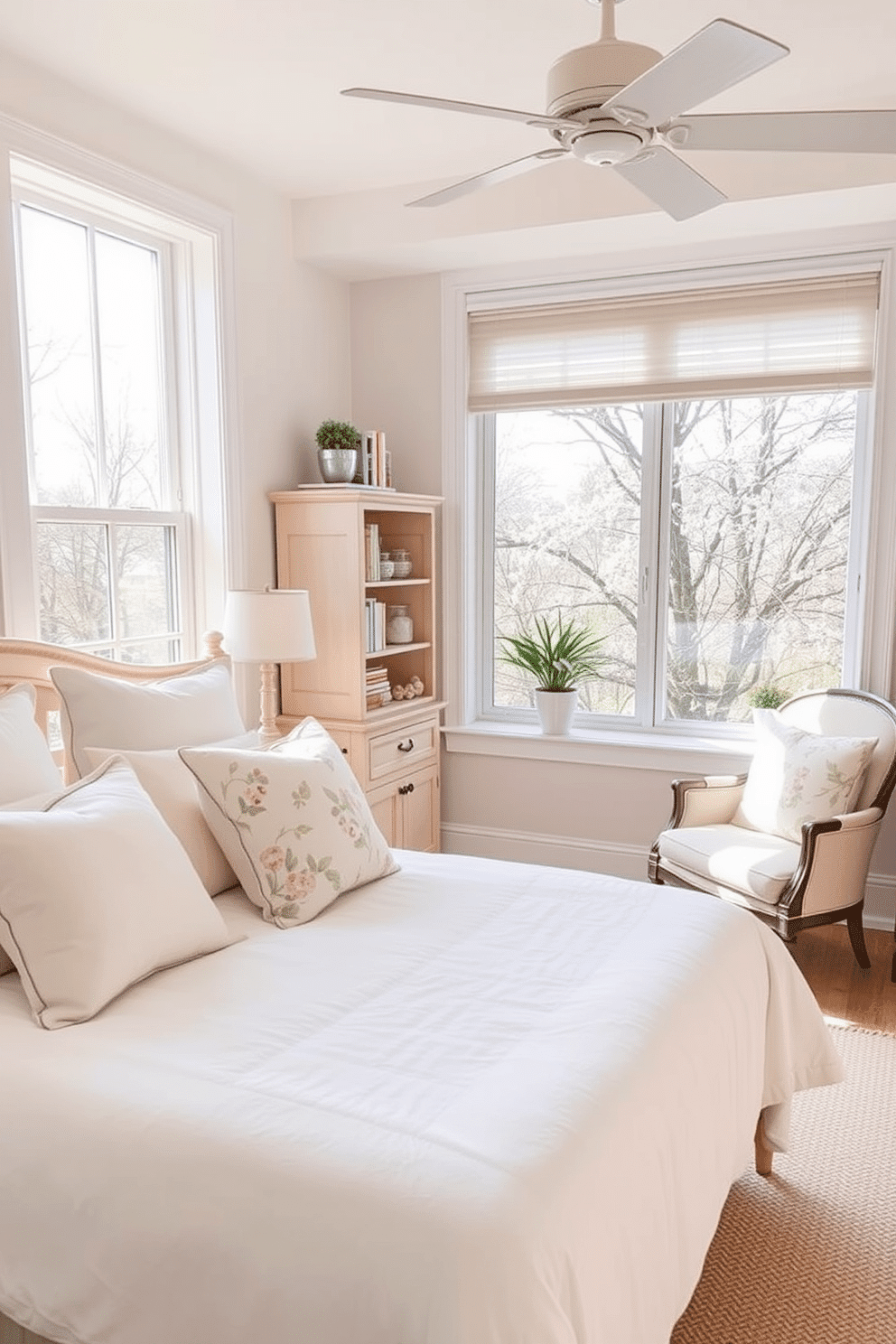 A bright and airy bedroom featuring light-colored bedding that creates a fresh and inviting atmosphere. The walls are painted in soft pastels, and large windows allow natural light to flood the space, enhancing the cheerful ambiance. Incorporate decorative pillows in floral patterns to add a touch of spring charm. A cozy reading nook by the window, complete with a small bookshelf and a comfortable chair, invites relaxation and enjoyment of the springtime view.