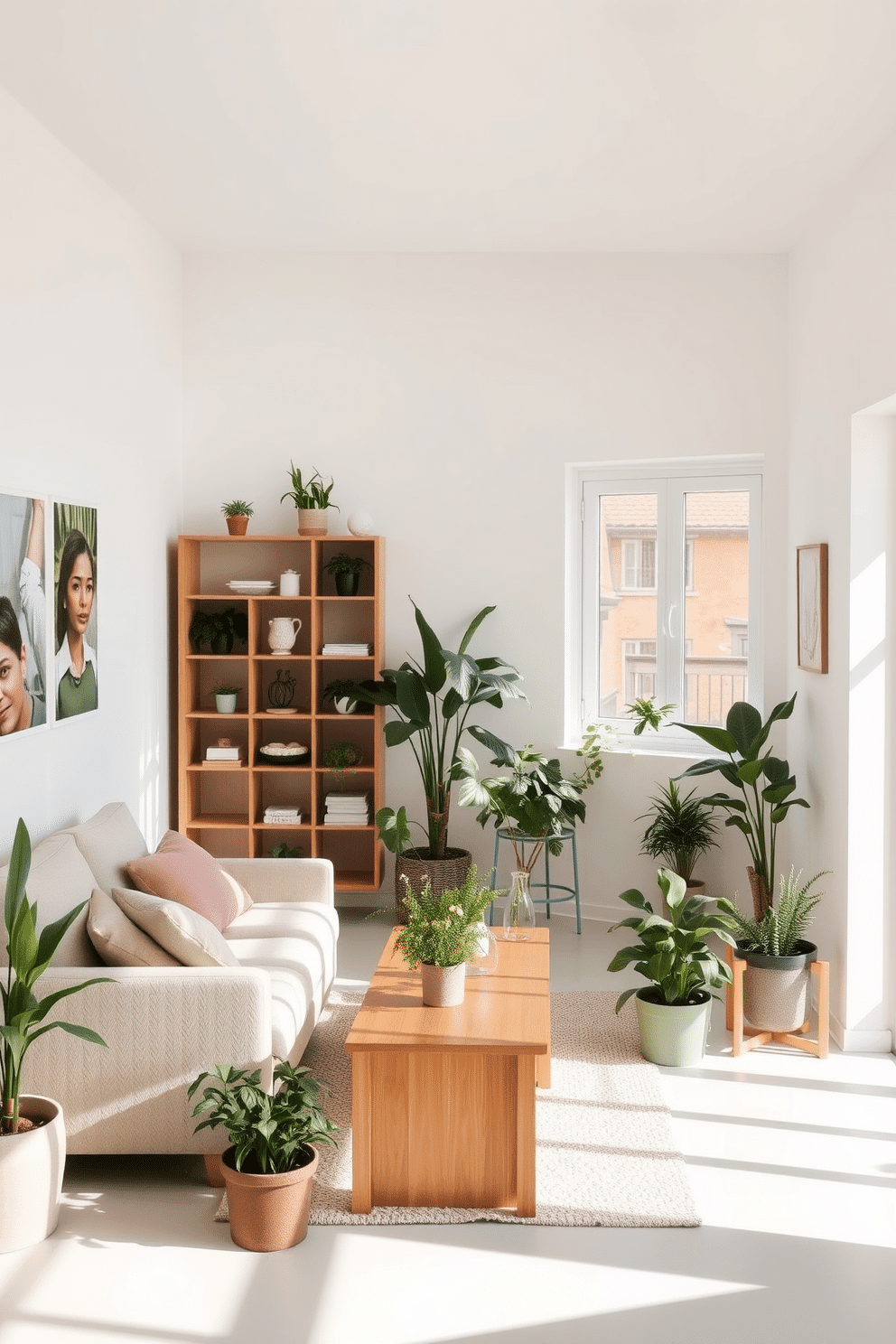 A bright and airy apartment filled with natural light. The living room features a comfortable sofa with soft cushions, complemented by natural wood accents in the coffee table and shelving. The walls are painted in a light pastel color, creating a fresh and inviting atmosphere. Potted plants are strategically placed throughout the space, adding a touch of greenery and life to the decor.