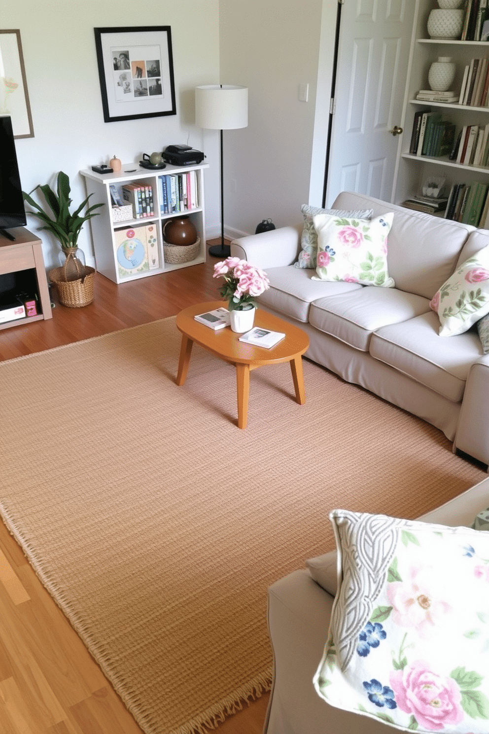 Layered rugs in a cozy living room create a sense of warmth and depth. The base rug is a large neutral jute, topped with a smaller patterned rug that adds color and visual interest. Bright spring colors and floral patterns bring life to the apartment decor. Cushions in pastel shades complement the layered rugs, creating an inviting and cheerful atmosphere.