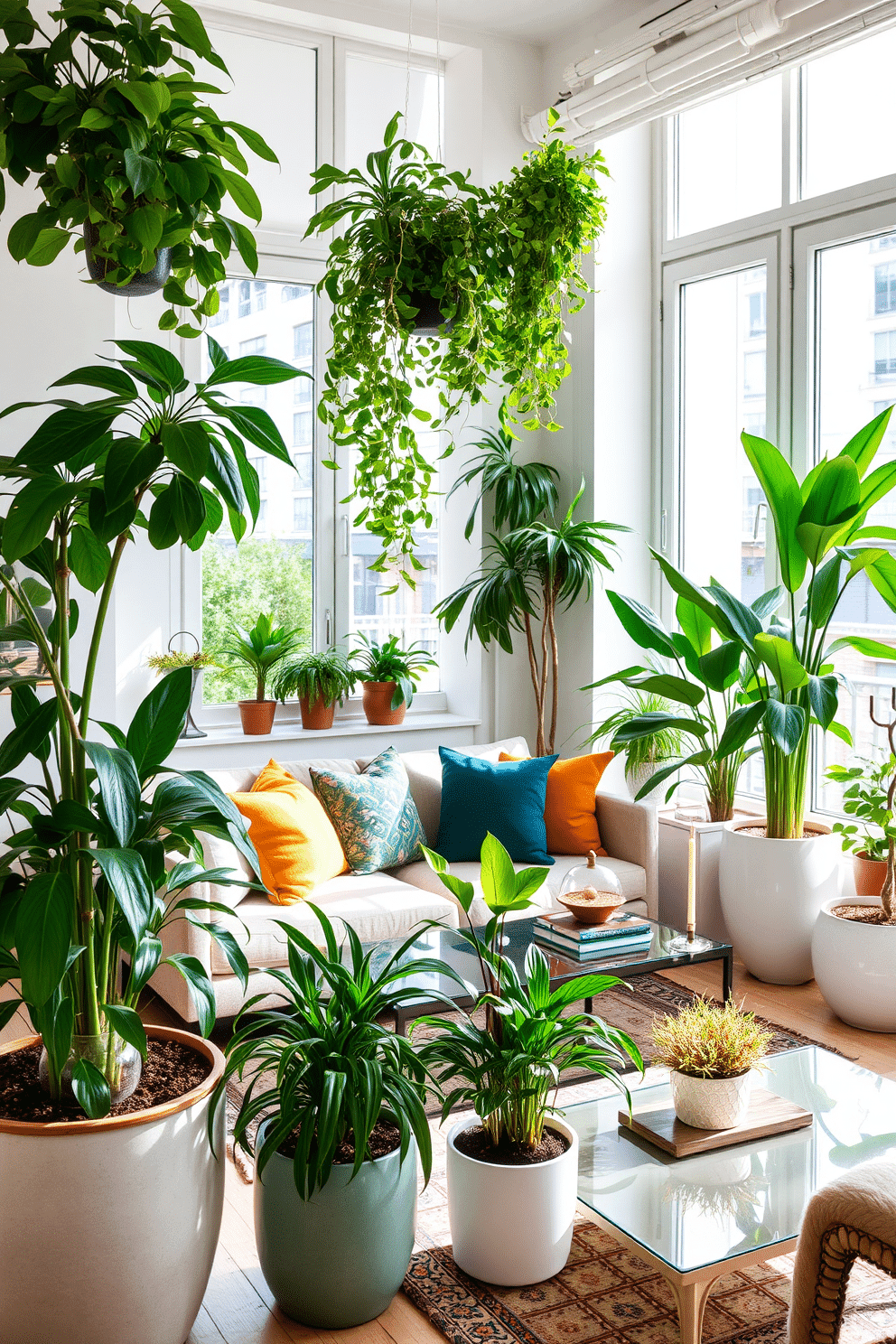 A bright and airy apartment filled with greenery in stylish planters. Lush potted plants are strategically placed throughout the space, enhancing the fresh and vibrant atmosphere. The living area features a comfortable sofa adorned with colorful cushions, complemented by a chic coffee table. Natural light floods in through large windows, illuminating the carefully curated decor and bringing the outdoors inside.