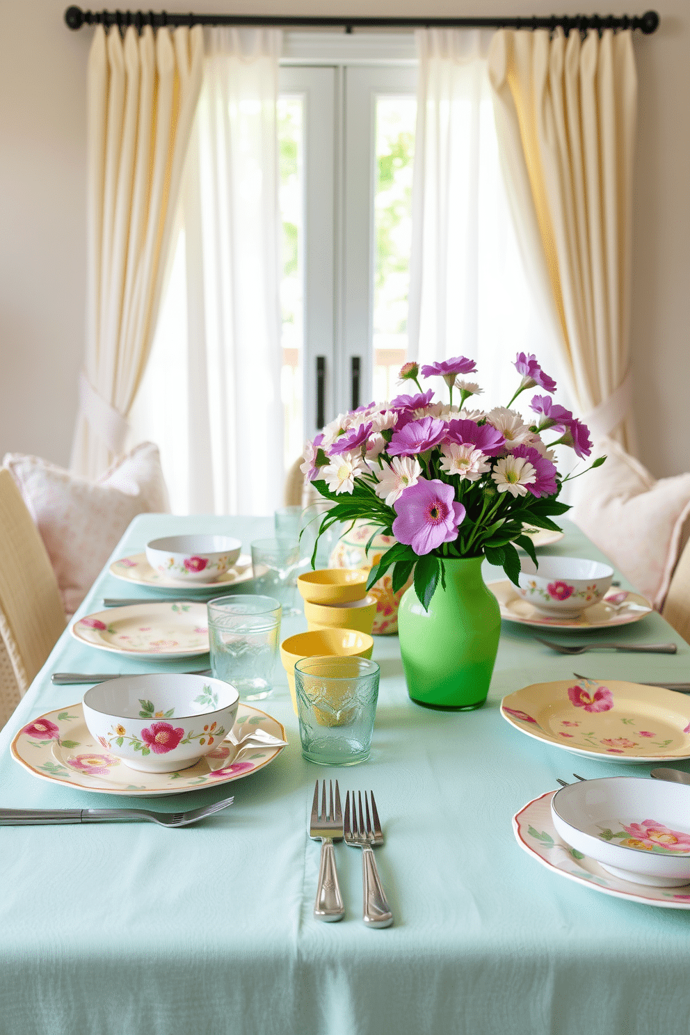 Bright table settings with cheerful dishes create an inviting atmosphere for any gathering. A vibrant tablecloth in pastel colors complements an array of mismatched plates adorned with floral patterns, while fresh flowers in a colorful vase add a touch of whimsy. Spring apartment decorating ideas focus on light and airy designs to welcome the season. Soft throw pillows in bright hues and light, sheer curtains allow natural light to flood the space, creating a refreshing and cheerful ambiance.