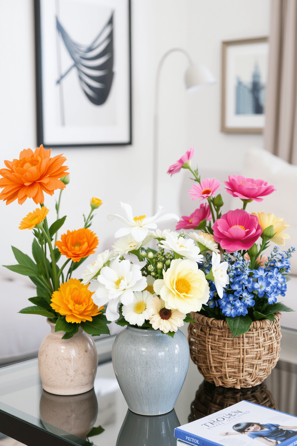 Faux floral arrangements in unique containers bring a fresh and vibrant touch to any space. In a stylish apartment setting, these arrangements can be placed on coffee tables, shelves, or dining tables to enhance the decor. Consider using a mix of colors and textures to create visual interest. Pairing bright blooms with earthy materials like ceramic or woven baskets adds a unique and modern flair to your spring decorating ideas.