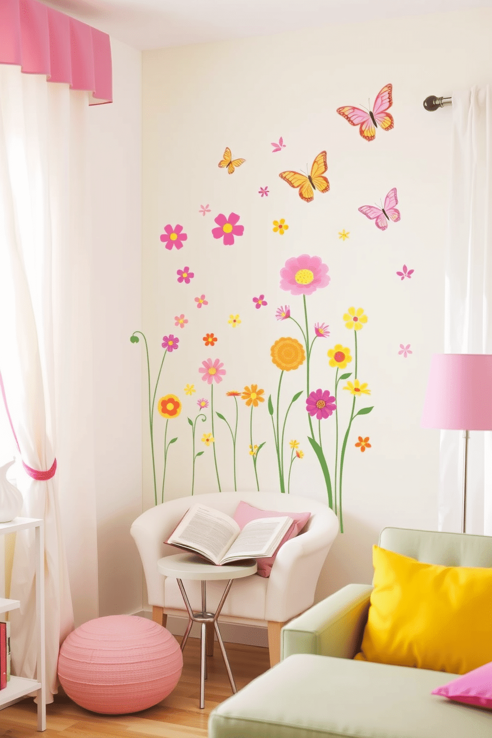 Spring-themed wall decals featuring vibrant flowers and playful butterflies adorn the walls, bringing a cheerful atmosphere to the space. The decals are strategically placed above a cozy reading nook with a pastel-colored armchair and a small side table. Brightly colored accents in shades of pink, yellow, and green complement the decals, creating a fresh and inviting environment. A light, airy curtain billows gently in the breeze, enhancing the overall springtime feel of the apartment.