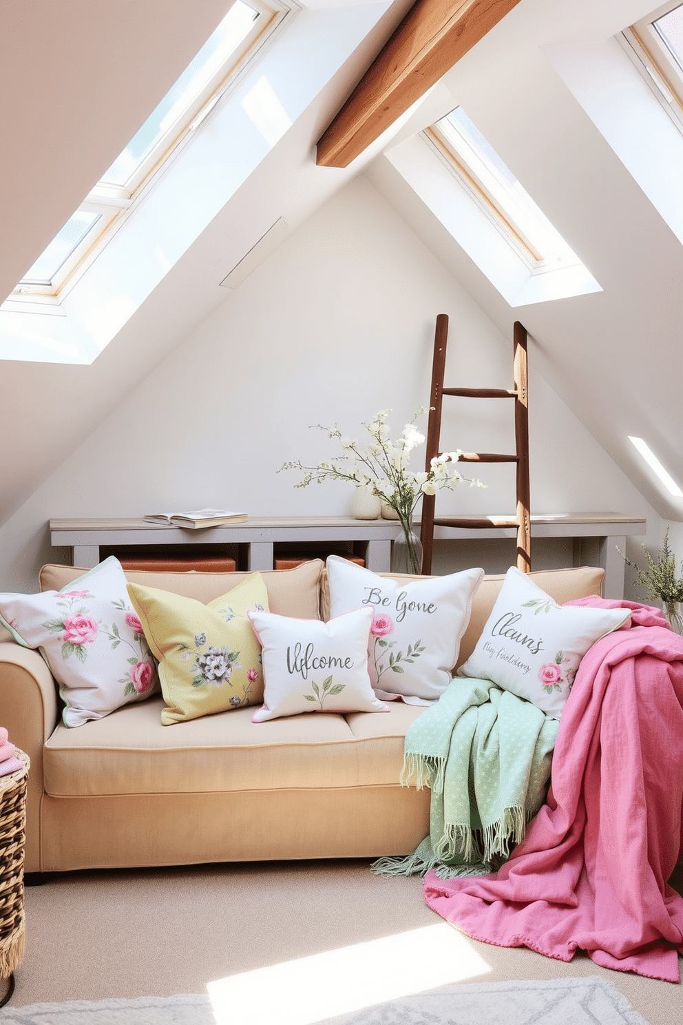 Bright pastel cushions and throws are arranged on a cozy sofa, creating a welcoming atmosphere. The cushions feature floral patterns and soft textures, inviting relaxation and comfort. The attic space is adorned with natural light streaming in through skylights, enhancing the cheerful ambiance. Vintage decor elements, such as a rustic ladder and wooden beams, complement the fresh spring theme.