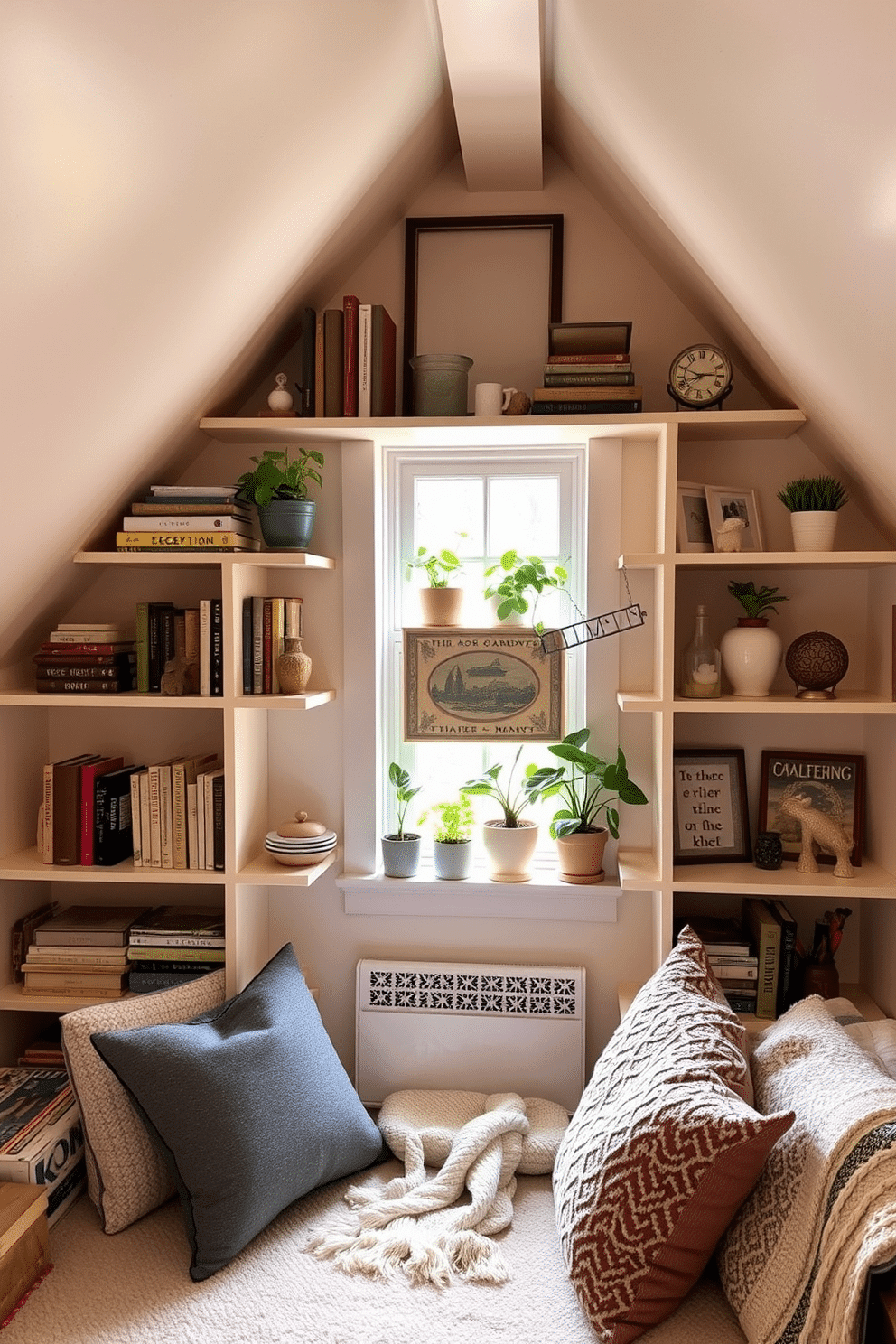 A charming attic space with open shelving that showcases a curated collection of decorative items. The shelves are filled with vintage books, potted plants, and unique trinkets, creating an inviting and personalized atmosphere. The walls are painted in a soft pastel hue, enhancing the natural light that filters through the small window. Cozy seating is arranged nearby, with plush cushions and a throw blanket, perfect for enjoying the serene spring ambiance.