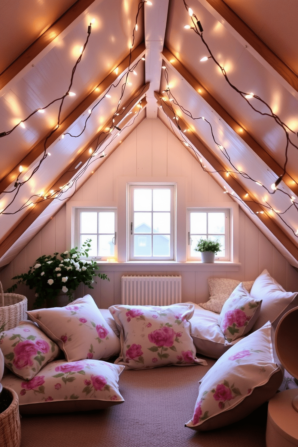 A charming attic space filled with whimsical fairy lights creates a cozy ambiance perfect for relaxation. Soft, twinkling lights are draped along the beams and around the windows, casting a warm glow throughout the room. Decorate the attic with fresh spring elements to bring life to the space. Incorporate pastel-colored cushions, floral patterns, and light fabrics to enhance the cheerful atmosphere.