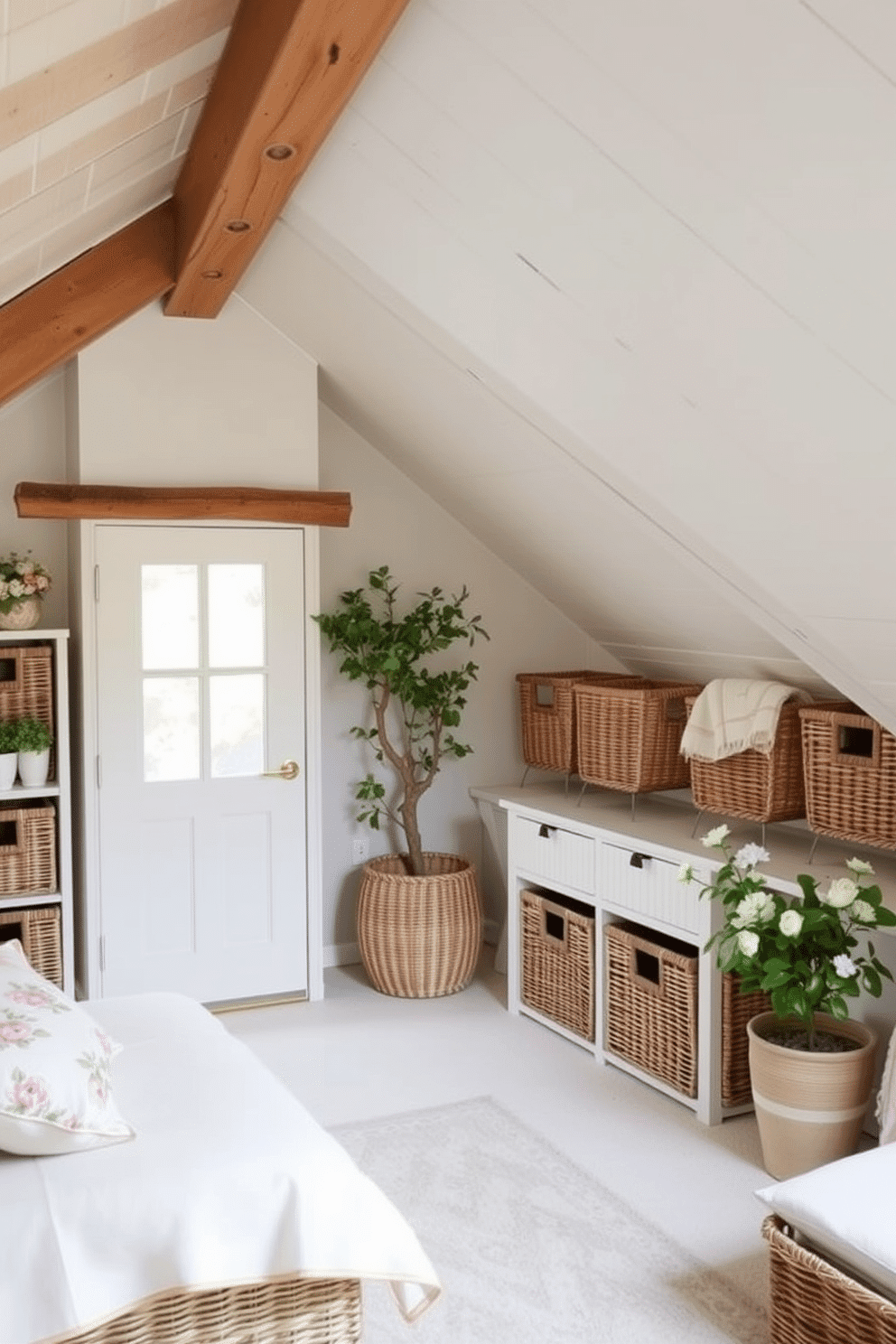 Create a cozy attic space that incorporates stylish storage solutions using woven baskets. The room features sloped ceilings with exposed wooden beams, and the baskets are neatly arranged along the walls, adding both functionality and charm. Incorporate soft pastel colors to evoke a fresh spring ambiance. Decorate the space with light fabrics, floral patterns, and potted plants to enhance the seasonal feel.