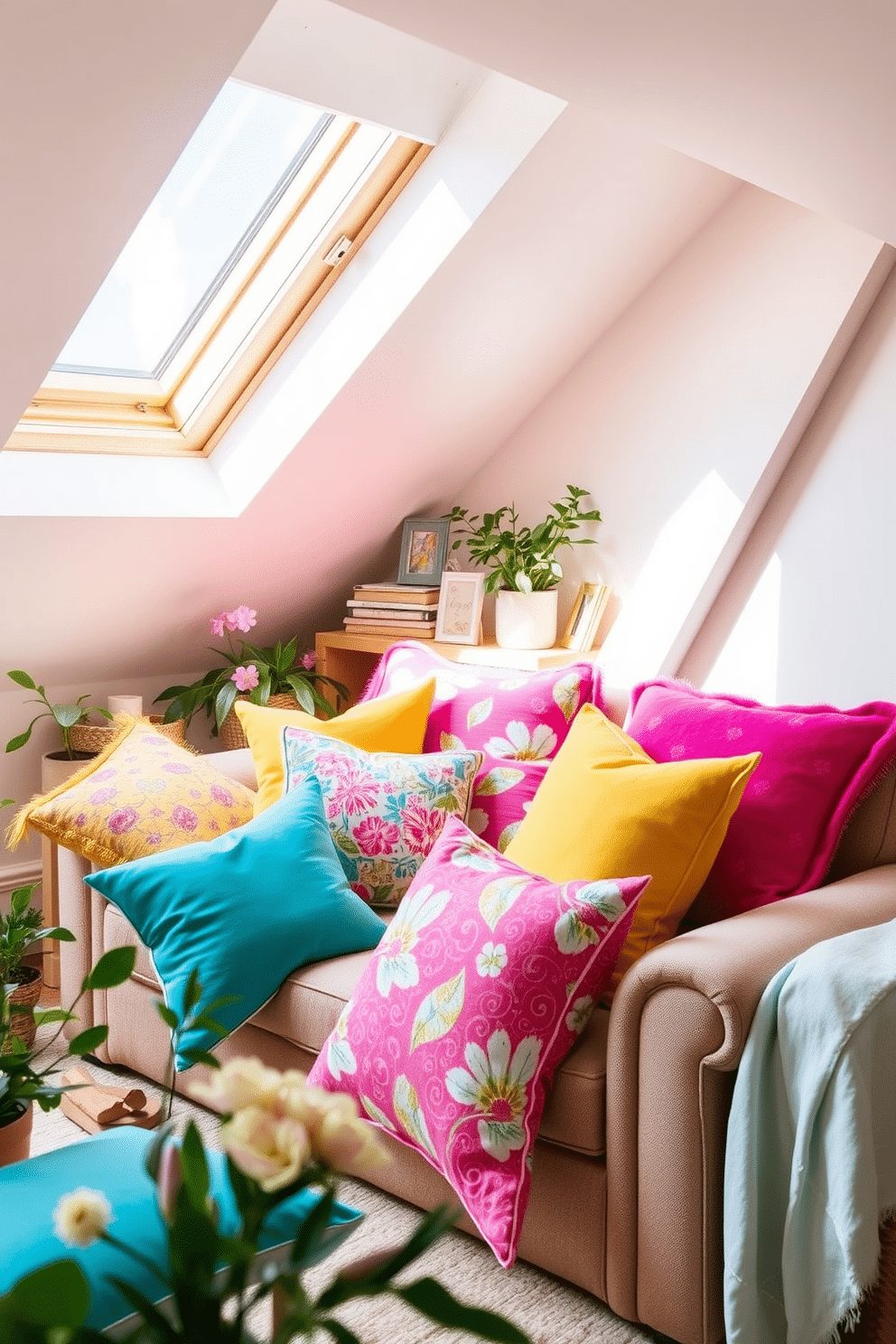 Brightly colored throw pillows in vibrant hues are scattered across a cozy attic sofa, adding a cheerful touch to the space. The pillows feature various patterns, including florals and geometric designs, enhancing the springtime feel of the room. Natural light floods the attic through skylights, illuminating the soft textures of the pillows. Surrounding the sofa, potted plants and light pastel decor create a fresh and inviting atmosphere perfect for spring.