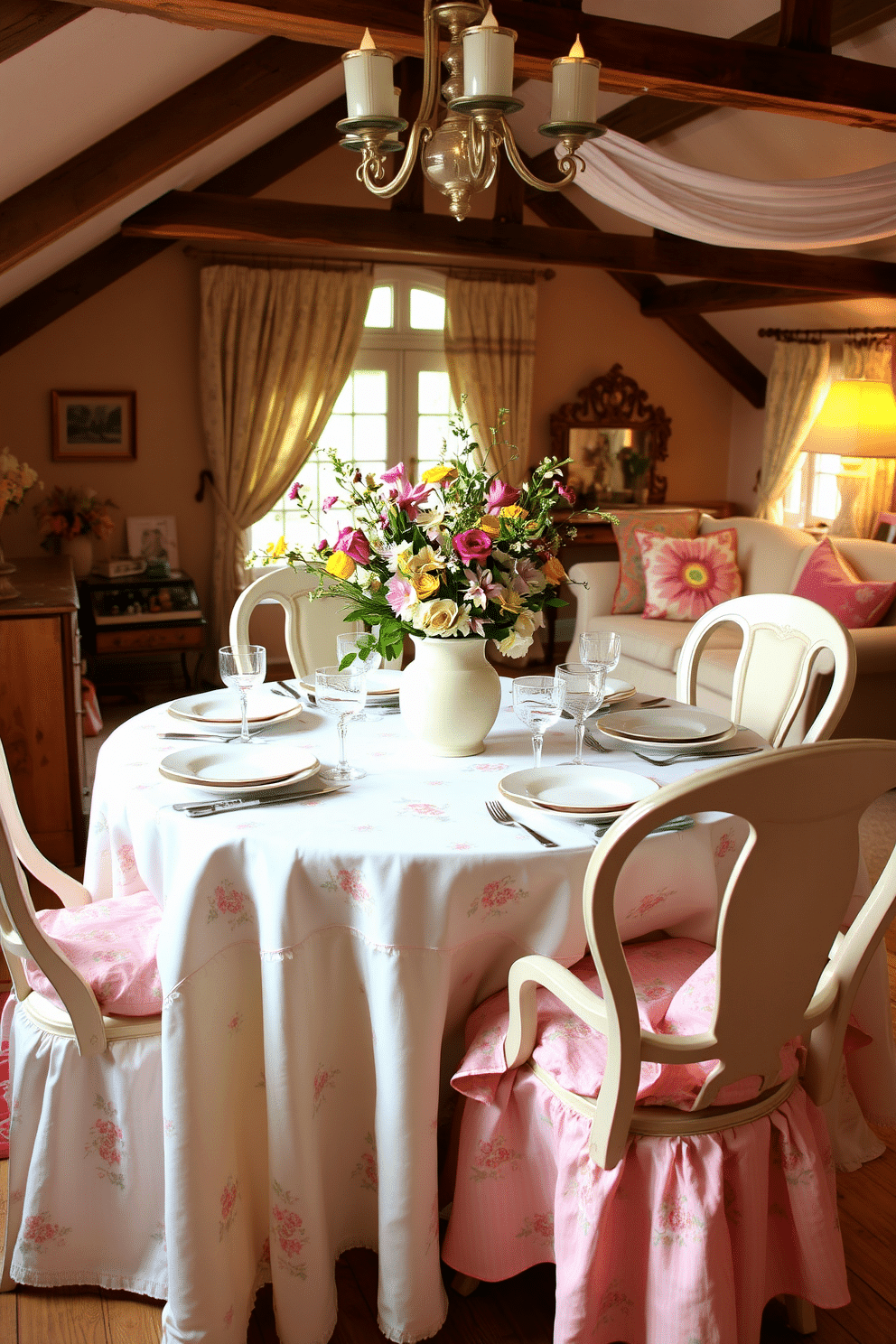 A beautifully arranged dining table for spring features a soft pastel tablecloth adorned with delicate floral patterns. Centered on the table is a vibrant bouquet of fresh flowers in a ceramic vase, complemented by elegant dinnerware and sparkling glassware. The attic is transformed into a cozy spring retreat with light, airy curtains that flutter in the breeze. Vintage furniture pieces are adorned with colorful cushions and throws, creating a warm and inviting atmosphere perfect for relaxation.