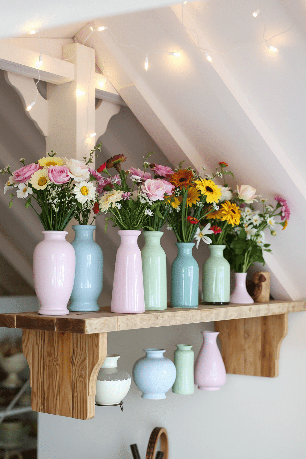 A collection of pastel-colored vases in soft pinks blues and greens is displayed on a rustic wooden shelf. Each vase holds a bouquet of fresh seasonal flowers adding a vibrant touch to the airy atmosphere. The attic is transformed into a cozy retreat with light pastel walls and vintage decor. Whimsical fairy lights hang from the beams creating a warm inviting glow perfect for relaxation.