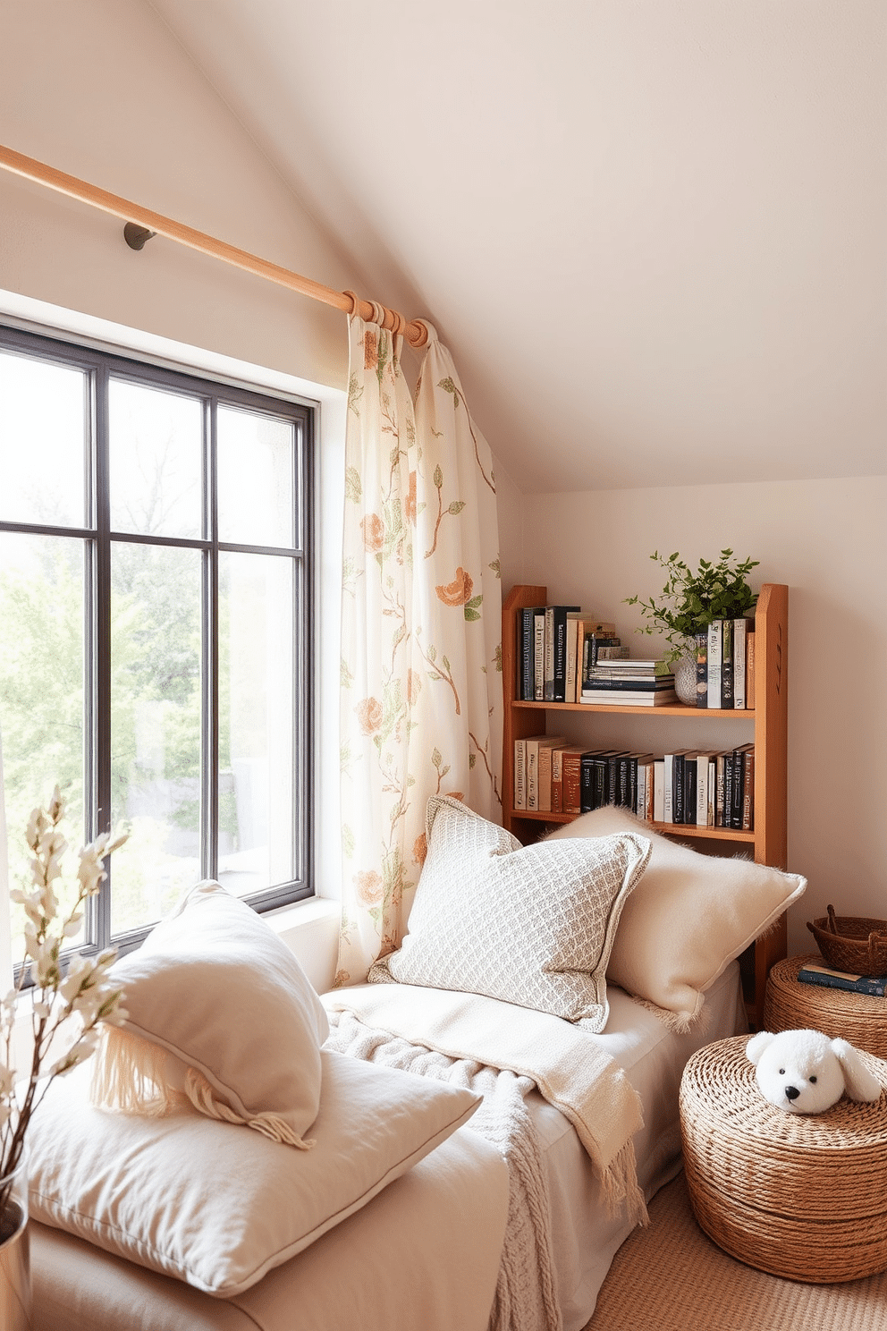 A cozy reading nook with plush cushions is nestled by a large window, allowing natural light to flood the space. Soft, layered textiles in warm tones create an inviting atmosphere, while a small bookshelf stocked with favorite novels adds charm. Spring attic decorating ideas transform the space into a vibrant retreat. Light pastel colors and floral patterns breathe life into the room, complemented by airy curtains that flutter gently in the breeze.