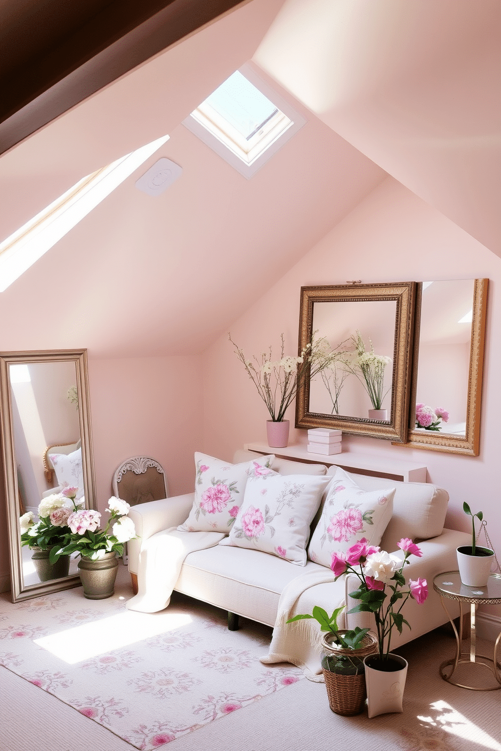 A bright and airy attic space decorated for spring. Large mirrors are strategically placed to reflect natural light and create the illusion of a larger area. Soft pastel colors adorn the walls, while floral patterns are featured on cushions and throws. A cozy seating area is arranged under the eaves, complemented by potted plants and fresh flowers.