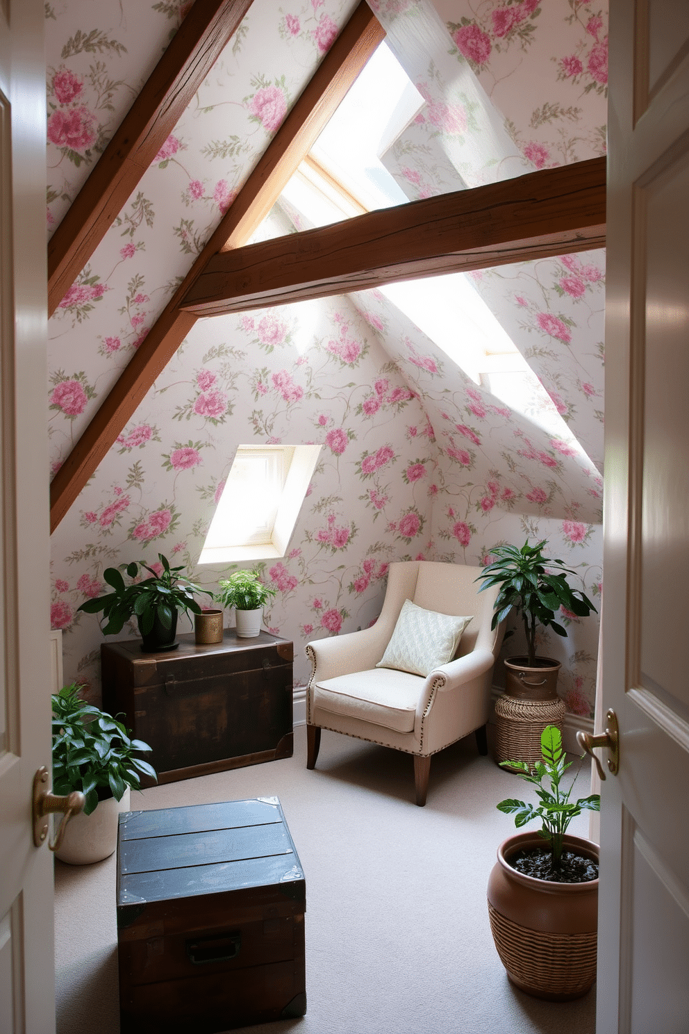 A charming attic space adorned with floral wallpaper that brings a fresh and vibrant atmosphere. The room features a cozy reading nook with a plush armchair and a small side table, bathed in natural light from a skylight above. Delicate pastel colors dominate the decor, complemented by rustic wooden beams that add character. A vintage trunk serves as both a decorative piece and storage, while potted plants enhance the inviting ambiance.