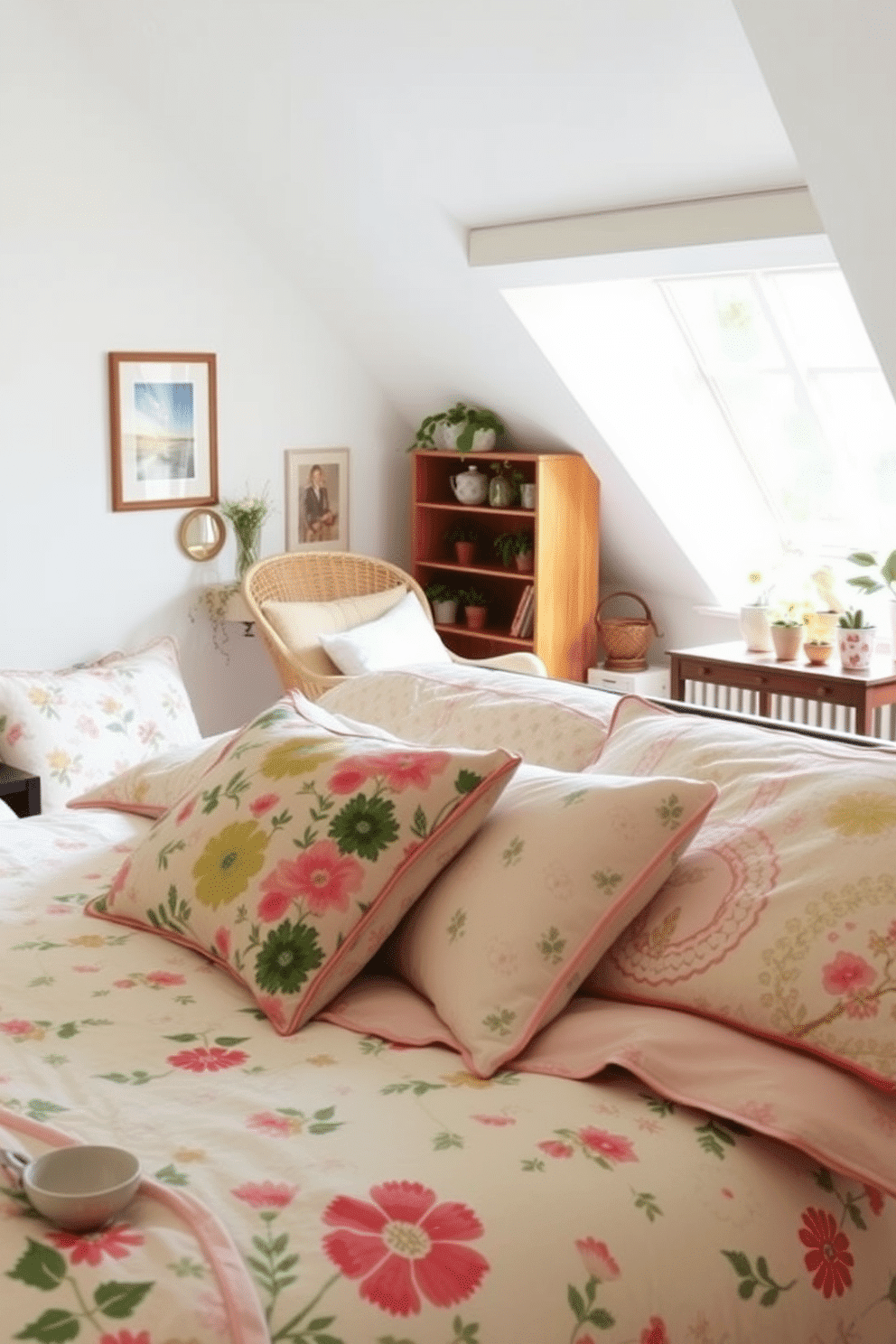 Layered bedding with spring patterns. The bed features a mix of floral and geometric prints in soft pastel colors, creating a fresh and inviting atmosphere. Spring attic decorating ideas. The space is filled with natural light, showcasing a cozy reading nook with a vintage armchair and a small bookshelf adorned with potted plants.