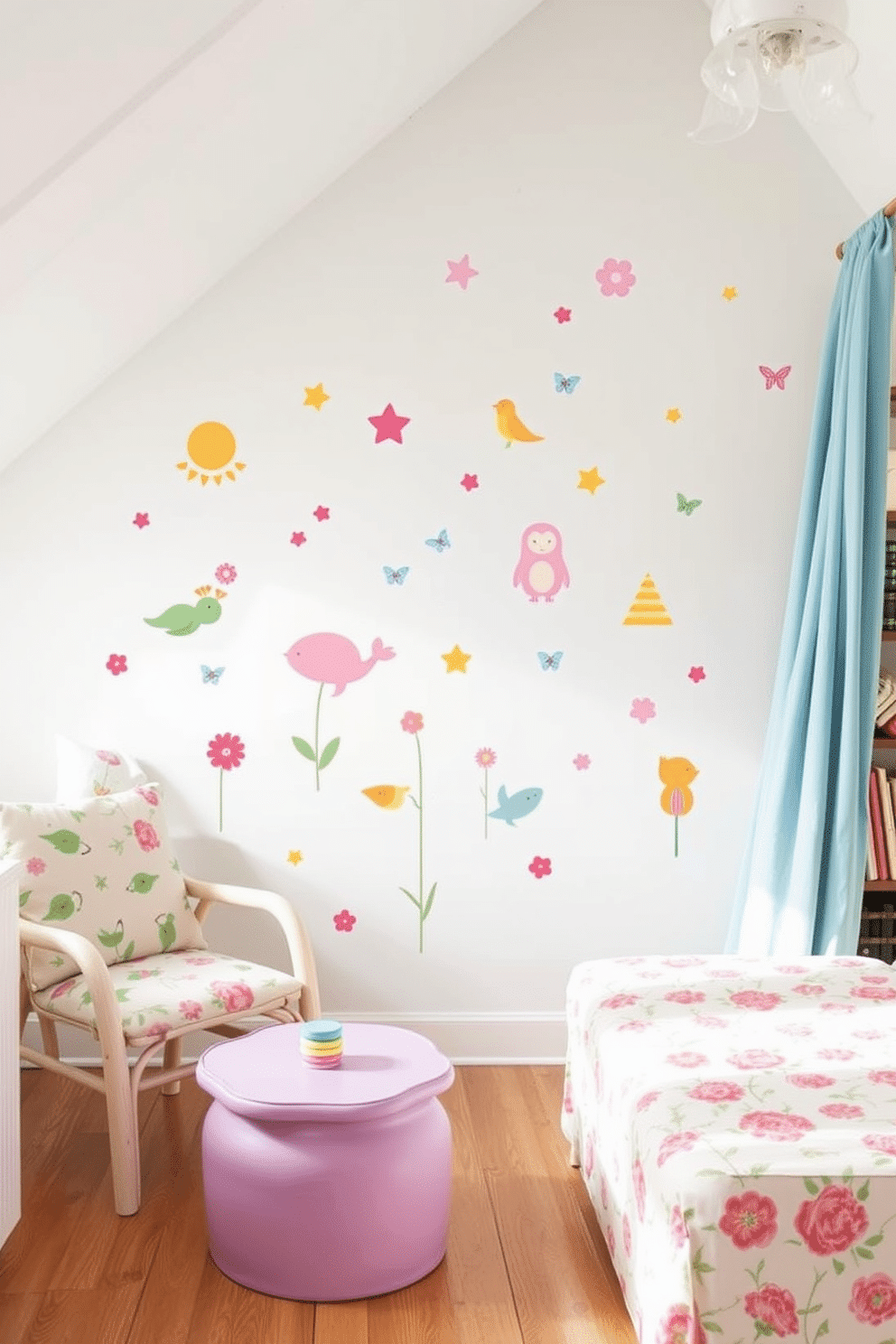 Charming wall decals for playful decor. Brightly colored decals featuring whimsical shapes and characters adorn the walls, creating a fun and inviting atmosphere for children’s spaces. Spring Attic Decorating Ideas. Soft pastels and floral patterns breathe new life into the attic, with cozy seating areas and natural light enhancing the charm of the space.