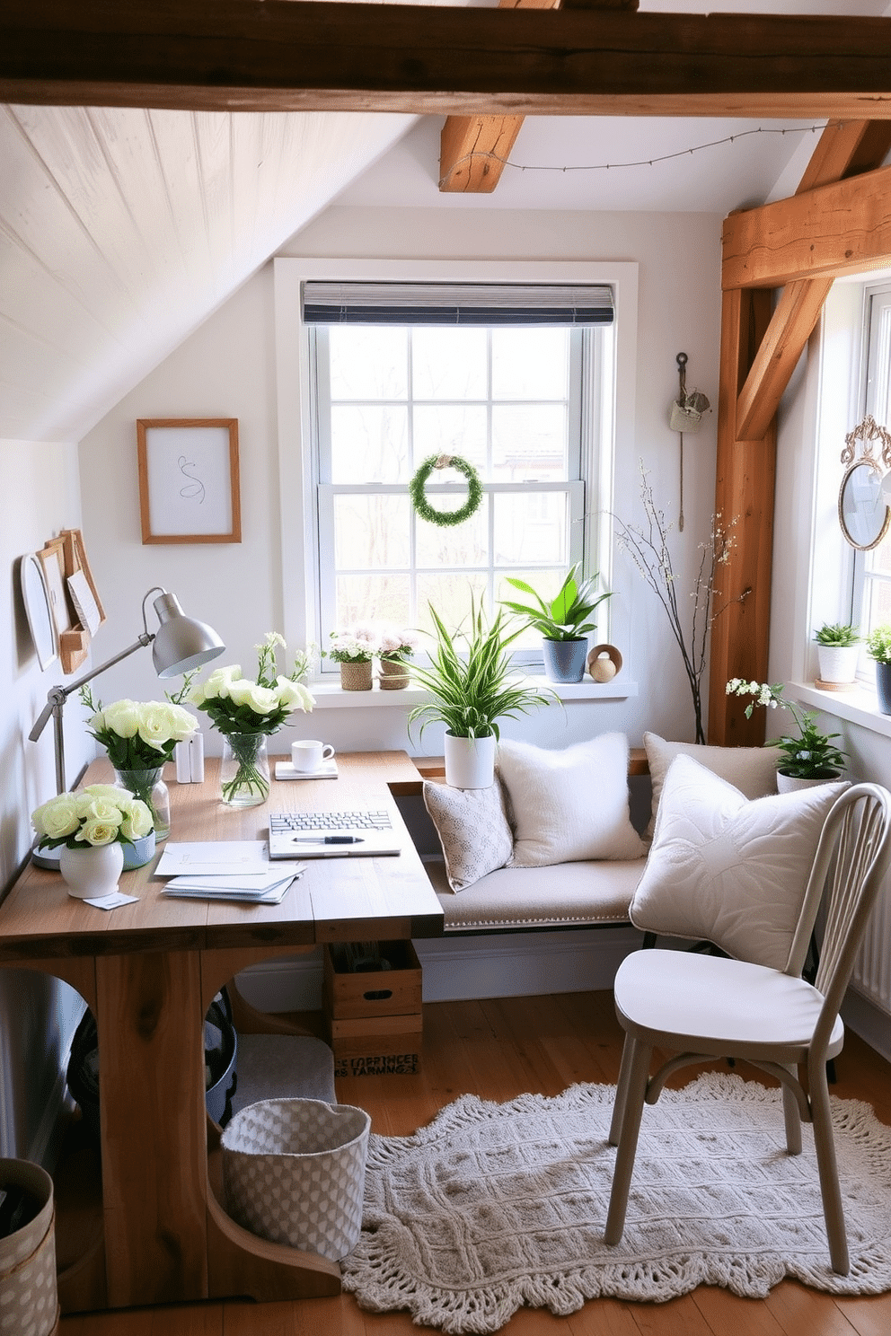 A functional workspace with spring inspiration features a light and airy atmosphere. The desk is made of reclaimed wood and is adorned with fresh flowers and pastel stationery. Spring attic decorating ideas include soft pastel colors and natural textures. Cozy seating is arranged near a window, complemented by potted plants and seasonal decor.