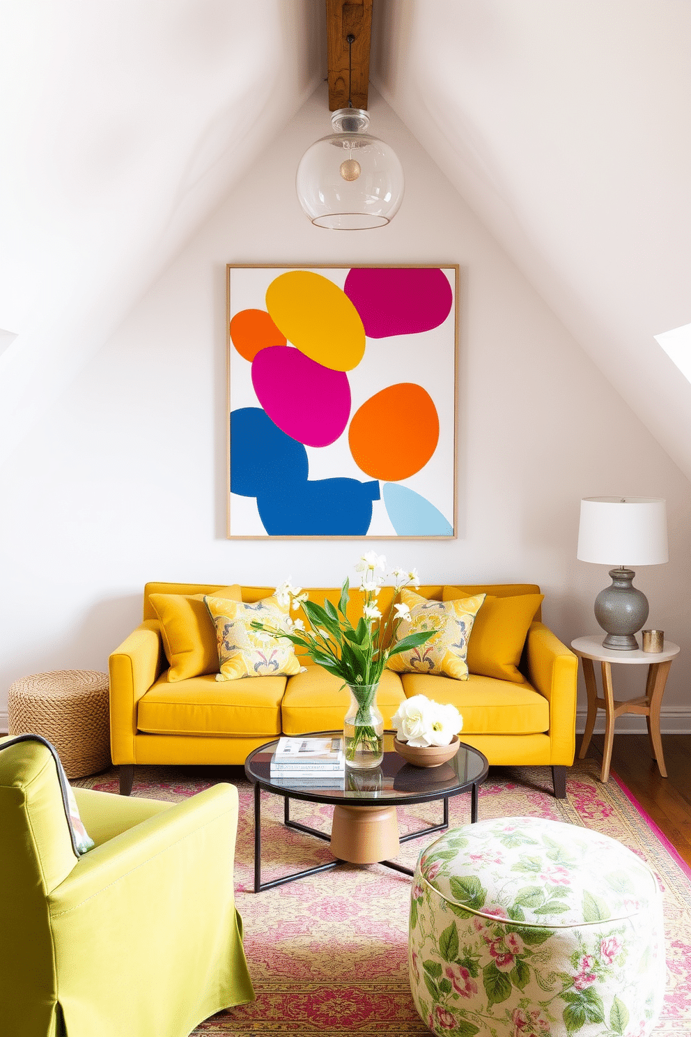 Brightly colored artwork serves as a striking focal point in the room, drawing the eye and adding vibrancy to the space. The artwork features bold hues and dynamic shapes, creating an energetic atmosphere that complements the surrounding decor. For spring attic decorating ideas, incorporate light and airy elements to evoke a fresh and inviting ambiance. Use pastel colors, floral patterns, and natural materials to enhance the charm of the attic space while making it feel warm and welcoming.