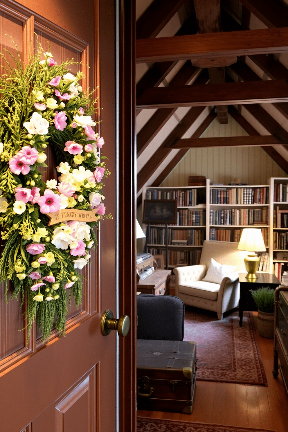 A vibrant seasonal wreath made of fresh flowers and greenery adorns the front door. The colors of the wreath reflect the essence of spring with pastel shades and delicate blooms. The attic is transformed into a cozy reading nook with soft lighting and comfortable seating. Vintage decor elements like an old trunk and bookshelves filled with cherished books create a warm and inviting atmosphere.