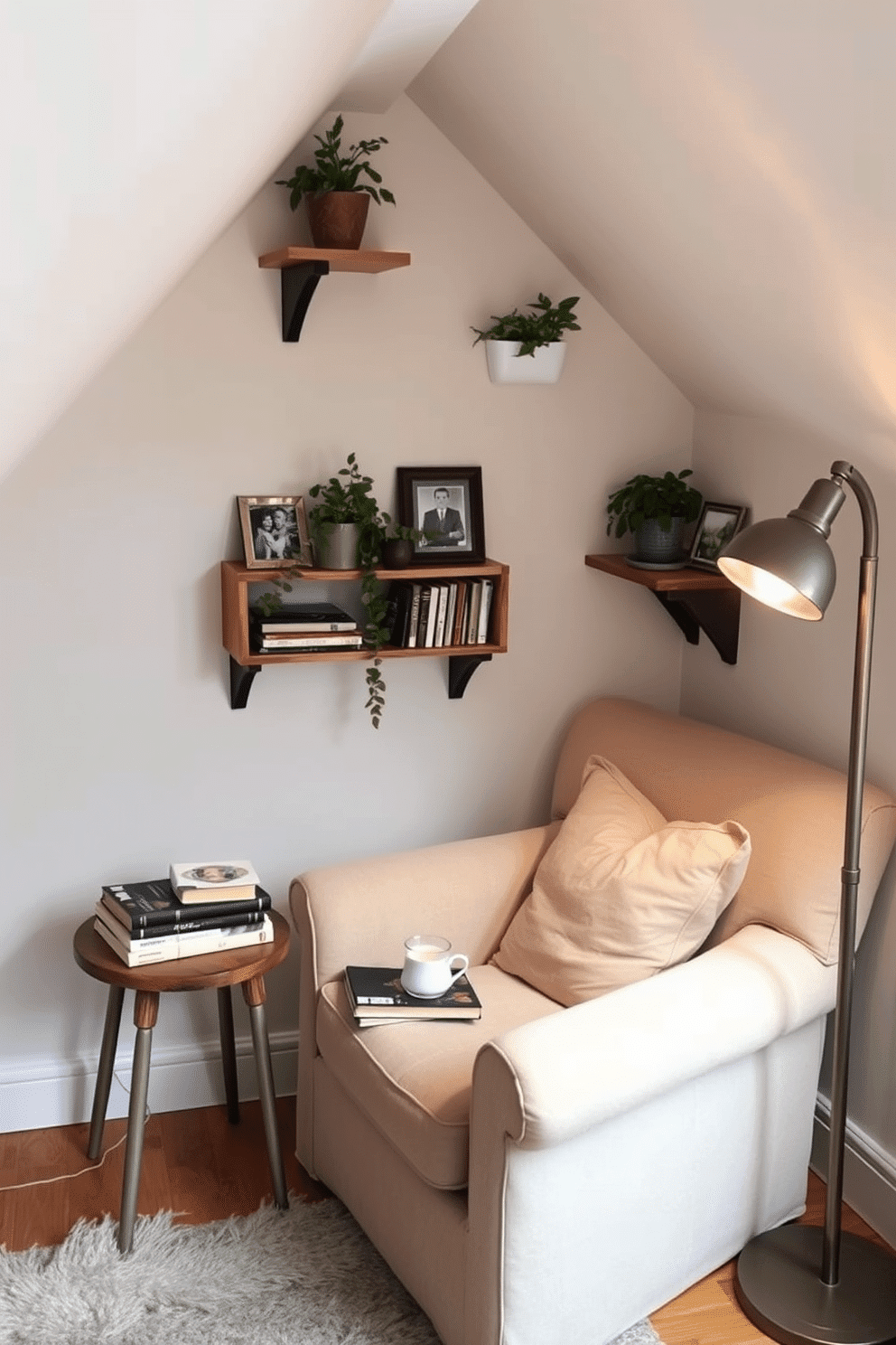 A cozy corner in the attic is transformed into a charming reading nook. A plush armchair is placed in the corner, accompanied by a small side table holding a stack of books and a steaming cup of tea. Decorative shelves are installed on the walls, displaying potted plants and framed photographs. Soft, ambient lighting from a vintage floor lamp creates a warm and inviting atmosphere.