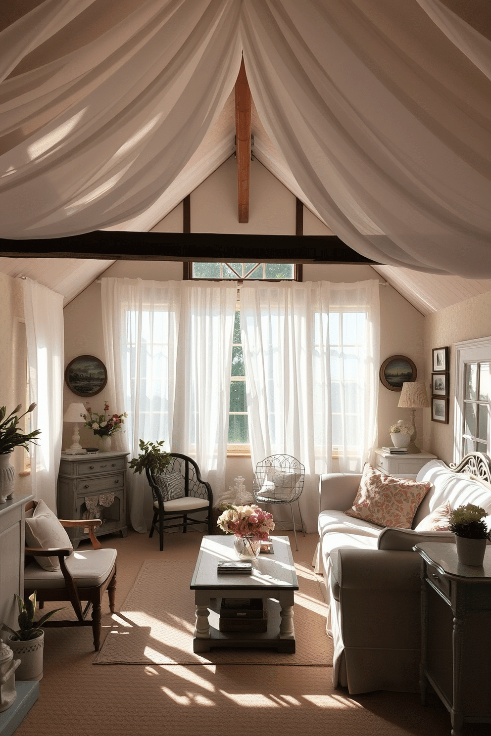 Lightweight sheer curtains gently billow in the soft breeze, creating an airy and inviting atmosphere. The natural light filters through, casting delicate shadows that dance across the room. The attic is transformed into a charming spring retreat with pastel-colored decor and fresh floral accents. Cozy seating areas are arranged to encourage relaxation, while vintage finds add character and warmth to the space.