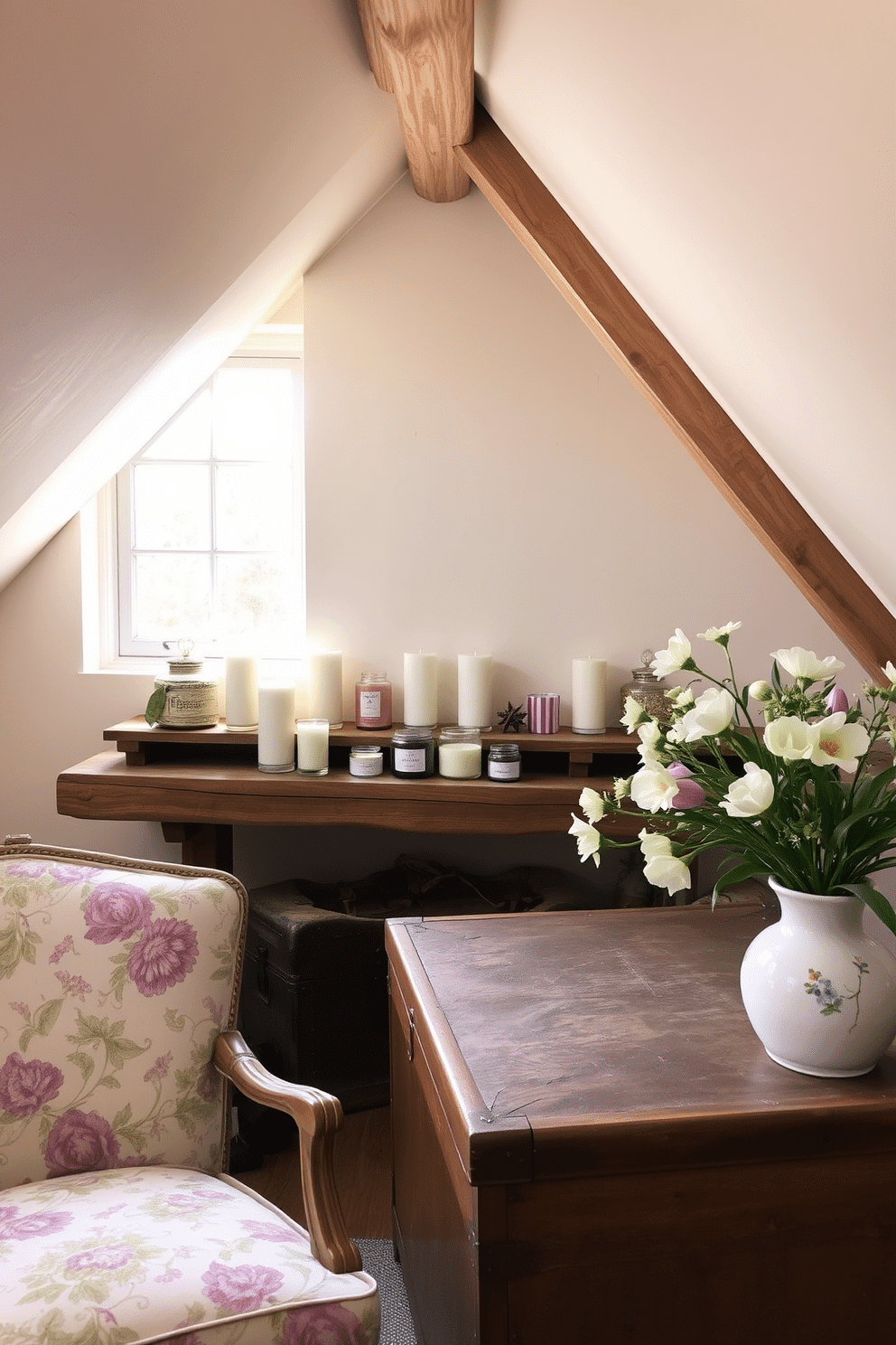 A cozy attic space filled with natural light. Soft pastel colors adorn the walls, and a collection of scented candles and diffusers are artfully arranged on a rustic wooden shelf. Vintage furniture pieces, such as a floral-patterned armchair and an antique trunk, add character to the space. Fresh spring flowers in a ceramic vase bring a touch of nature indoors, enhancing the seasonal scents.