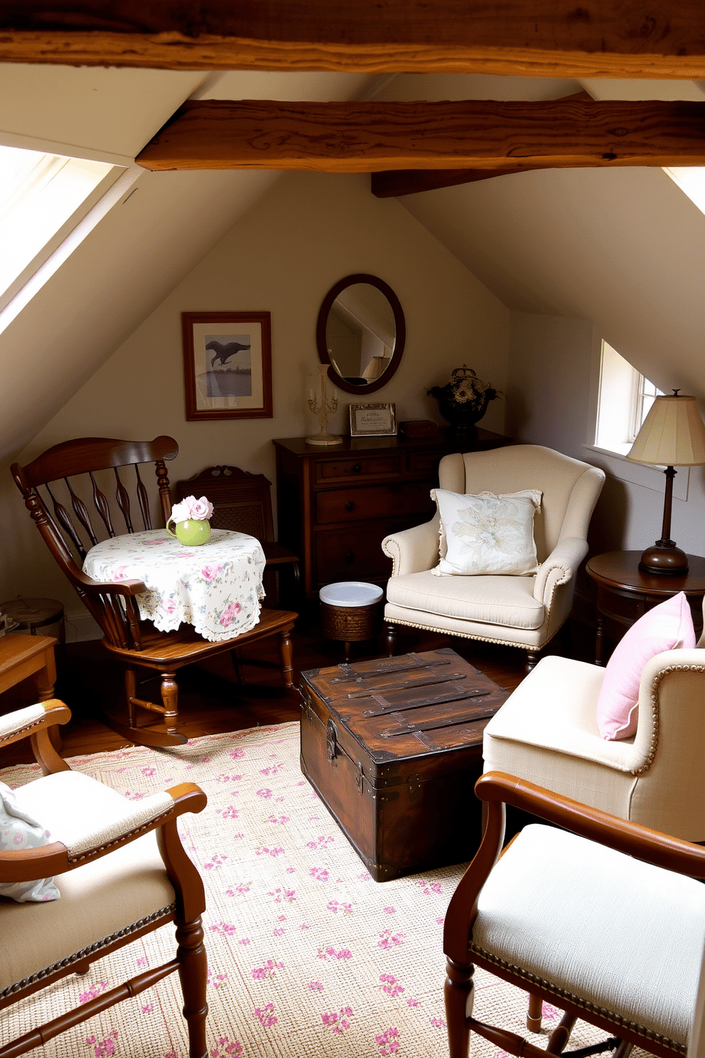 A charming attic space filled with vintage furniture pieces that add character and warmth. A beautifully restored wooden rocking chair sits beside a small round table adorned with a floral tablecloth, creating a cozy reading nook. A vintage trunk serves as a coffee table, surrounded by mismatched upholstered chairs that invite relaxation. Soft, pastel-colored throw pillows and a handwoven rug complete the inviting atmosphere, making it a perfect spring retreat.