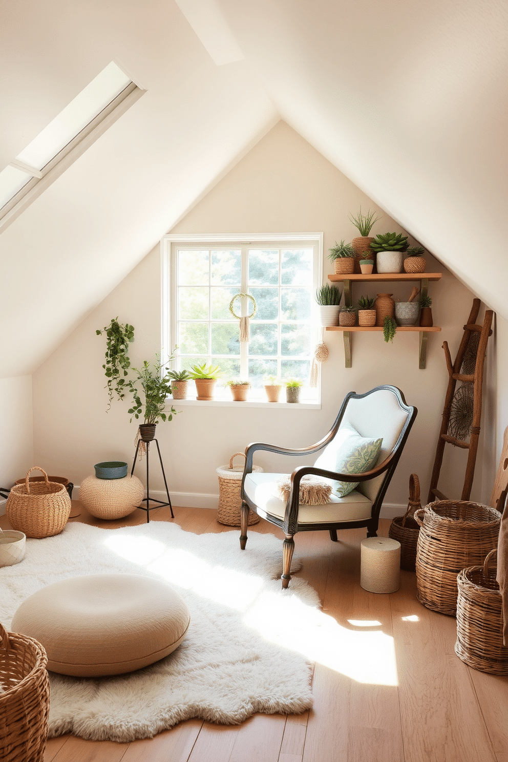 A cozy attic space filled with natural light from a large window. The room features a soft area rug, a vintage armchair, and shelves adorned with various succulent plants for a touch of natural greenery. The walls are painted in a light pastel color, creating a fresh and airy atmosphere. Decorative elements like woven baskets and rustic wooden accents enhance the spring-inspired decor, making it a perfect retreat.