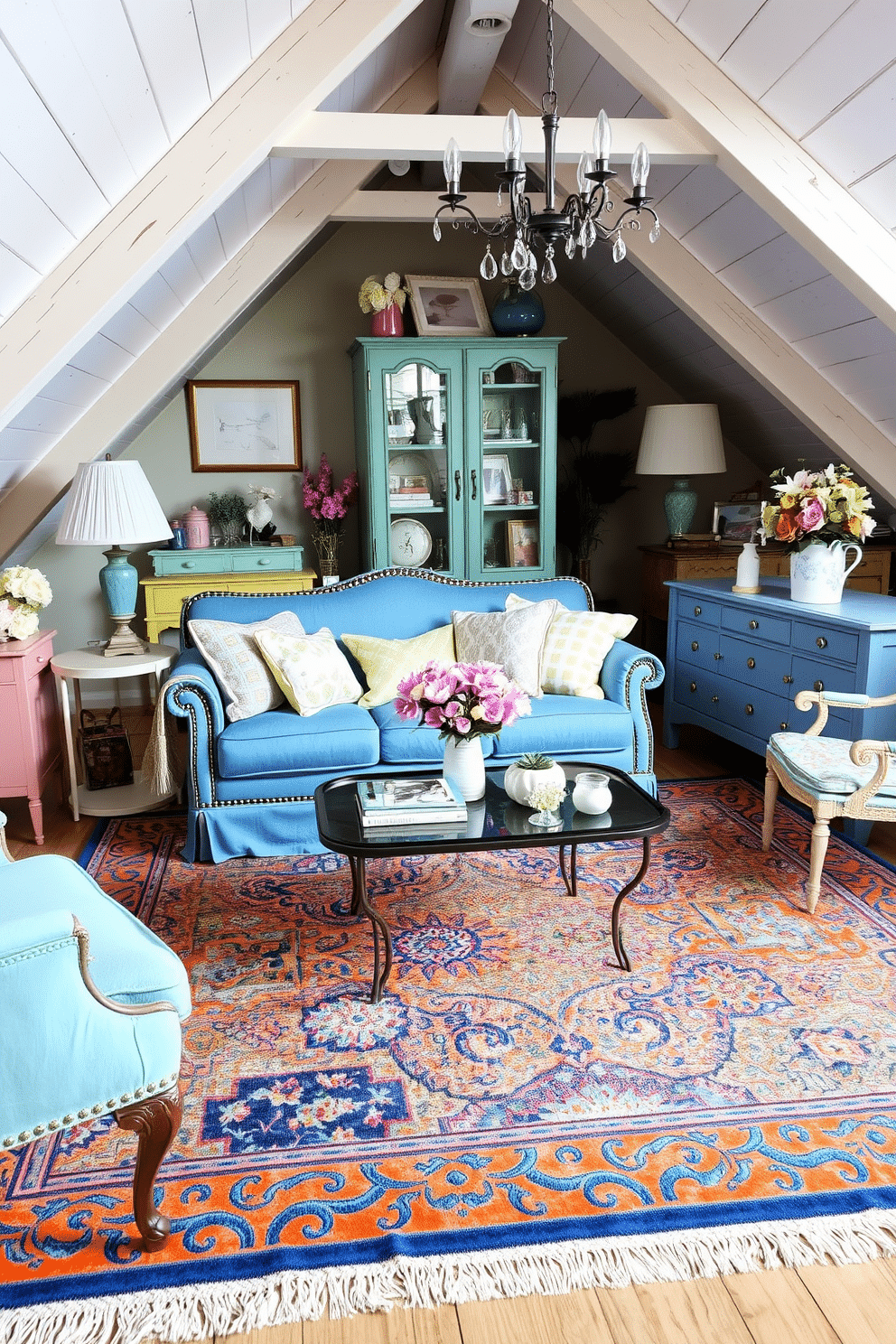 A vibrant area rug in shades of blue and orange anchors the seating area, creating a cozy atmosphere. The rug's intricate patterns complement the surrounding decor, enhancing the overall aesthetic of the room. The spring attic is adorned with pastel-colored accents and floral decorations, bringing a fresh and cheerful vibe. Vintage furniture pieces are strategically placed to maximize space while maintaining a charming, eclectic feel.