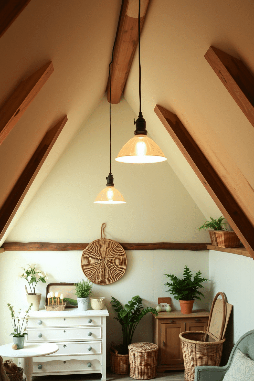 A cozy attic space adorned with hanging pendant lights that create a warm and inviting atmosphere. The lights feature a modern design with a soft glow, illuminating the room's rustic charm. The walls are painted in a light pastel color, complemented by vintage furniture pieces that add character. Decorative accents like potted plants and woven baskets enhance the spring theme, making the attic feel fresh and vibrant.