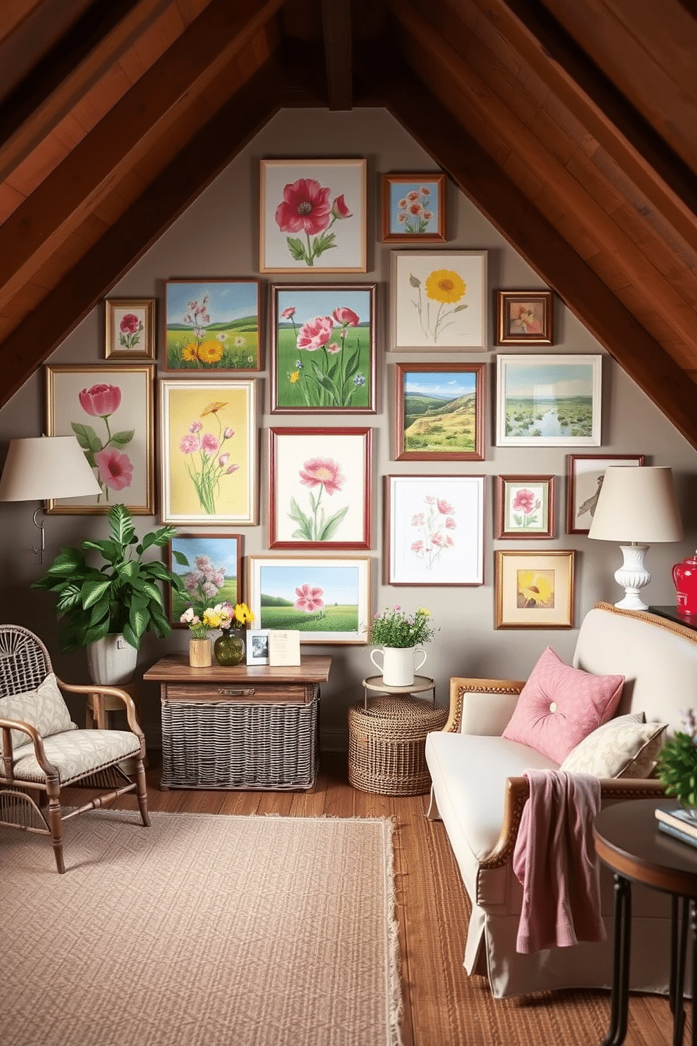 A gallery wall adorned with vibrant spring-themed art pieces creates a lively focal point in the room. The artwork features blooming flowers, cheerful landscapes, and bright colors that evoke the essence of the season. The attic is transformed into a cozy retreat with soft pastels and natural textures. Vintage furniture and decorative accents reflect a charming spring aesthetic while maximizing the use of space.