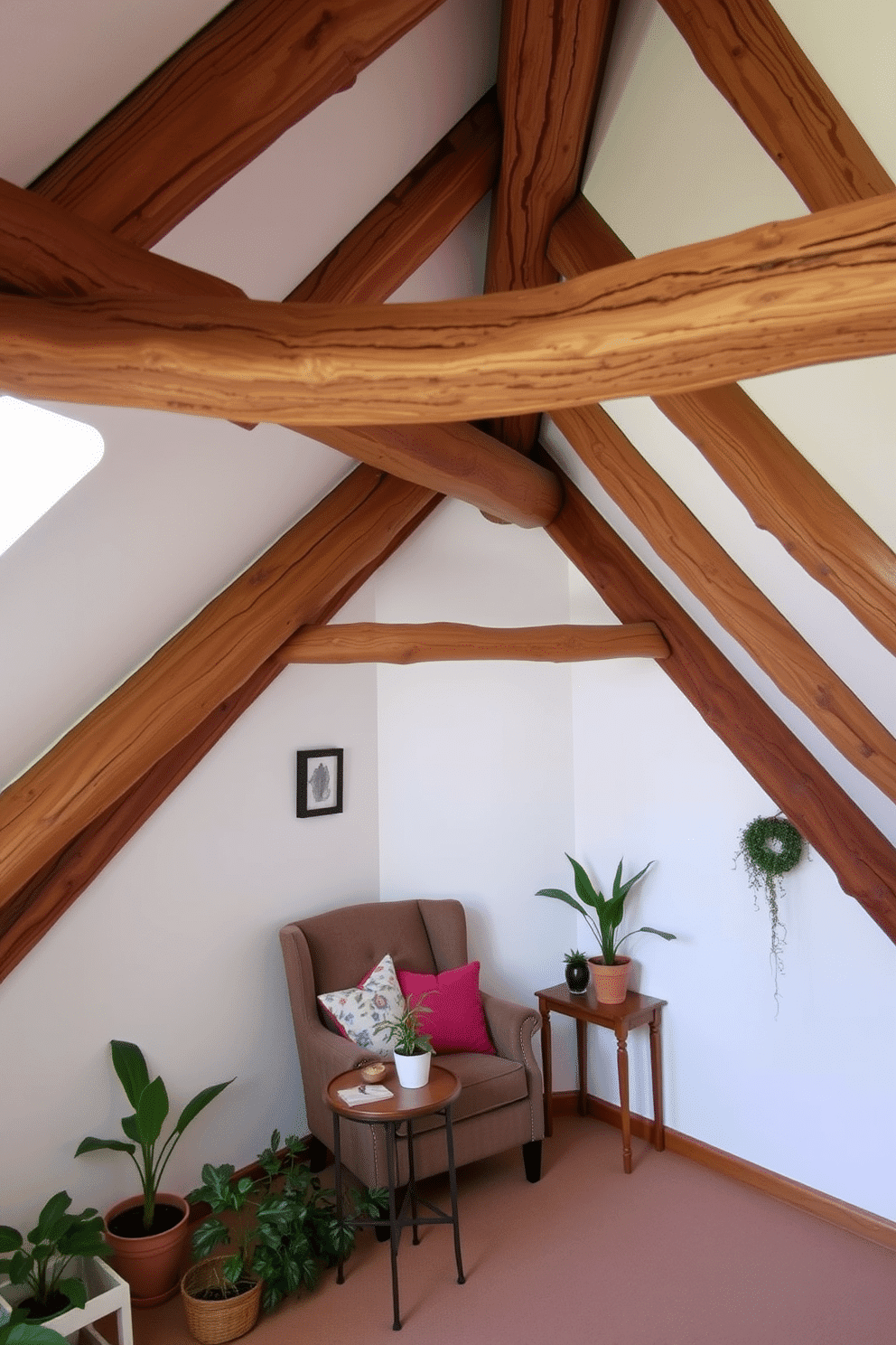 A cozy attic space with rustic wooden beams creating a charming atmosphere. The walls are painted in soft white, complementing the natural wood tones of the beams. A comfortable seating area features a vintage armchair and a small coffee table. Decorated with potted plants and colorful throw pillows, the space invites relaxation and warmth.