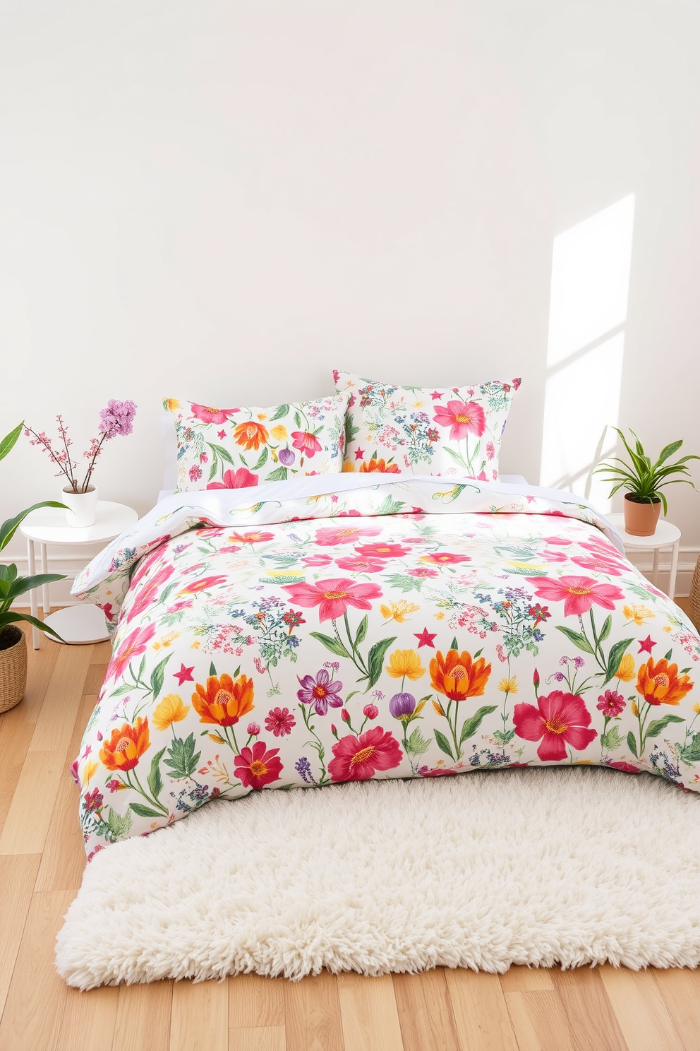 Fresh floral bedding for a vibrant look. The bed is adorned with a colorful floral duvet cover and matching pillowcases, creating a cheerful atmosphere in the room. Surrounding the bed are light pastel walls that enhance the brightness of the bedding. A plush area rug in soft white adds warmth and comfort underfoot, while potted plants in the corners bring a touch of nature indoors.