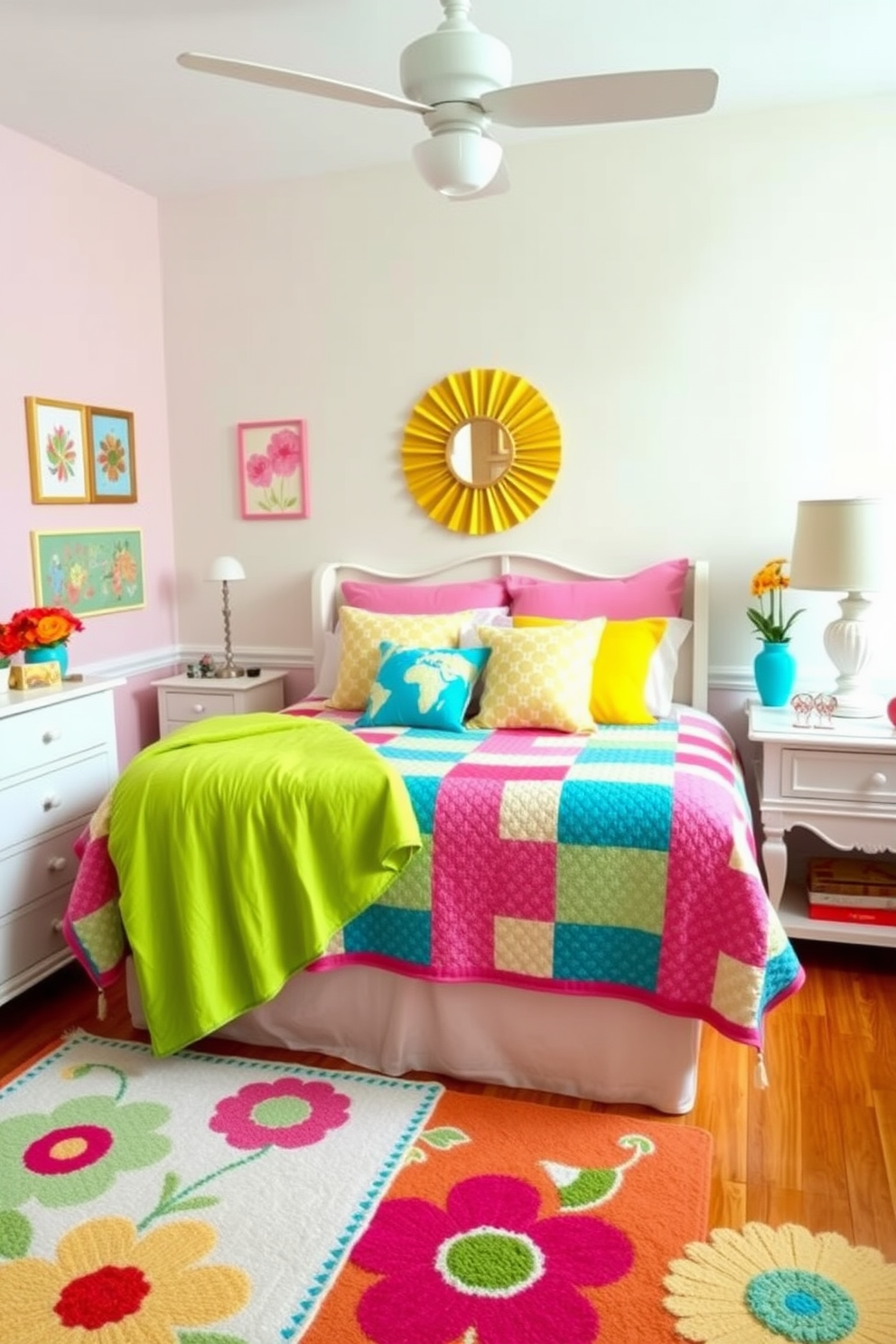 A whimsical spring bedroom filled with playful decorative accents. The walls are painted in soft pastel colors, and a colorful quilt adorns the bed. Brightly colored throw pillows with fun patterns are scattered across the bed. A cheerful area rug with floral designs adds warmth to the space.