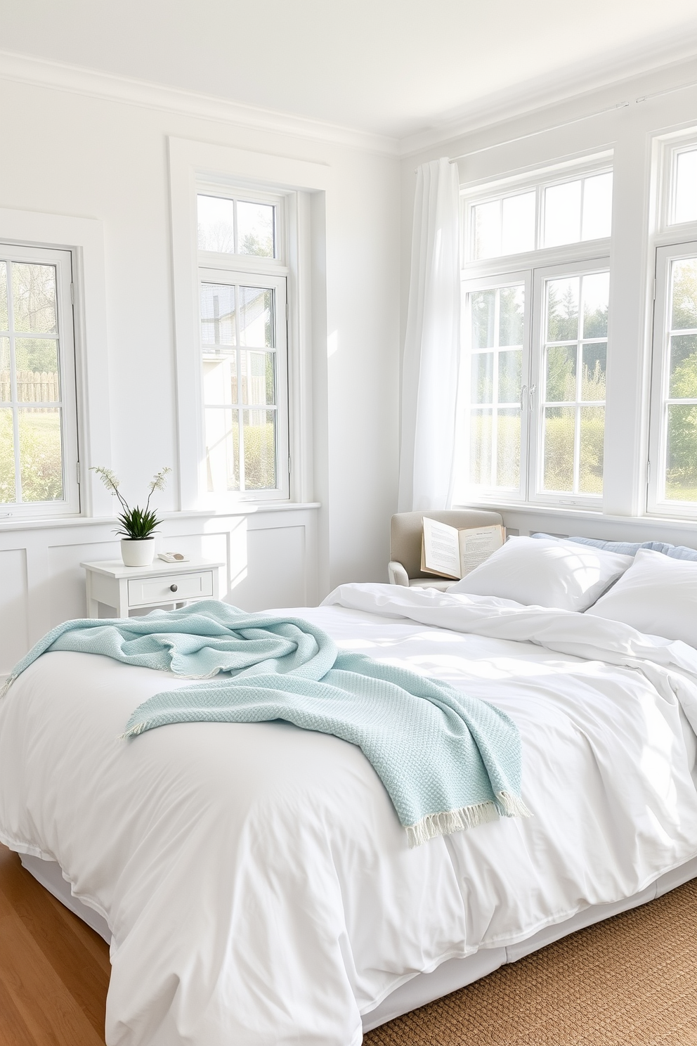 A serene bedroom setting featuring crisp white sheets that create a clean and fresh look. The room is adorned with soft pastel accents, including a light blue throw blanket draped over the foot of the bed. Natural light floods the space through large windows, highlighting a minimalist nightstand with a small potted plant. A cozy reading nook is situated in the corner, complete with a comfortable chair and a soft area rug.