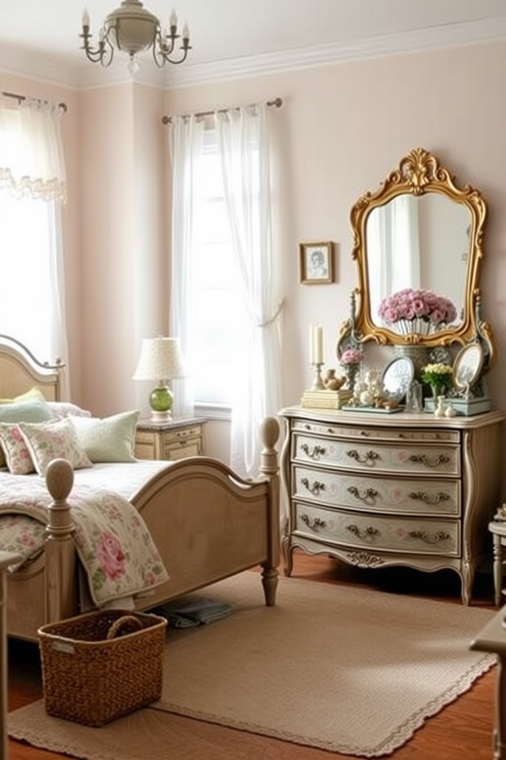 A cozy spring bedroom filled with vintage decor pieces creates a charming and inviting atmosphere. The room features a distressed wooden bed frame adorned with a floral quilt and an array of colorful throw pillows. An antique dresser stands against the wall, showcasing a collection of vintage trinkets and a framed mirror with an ornate gold frame. Soft pastel hues adorn the walls, complemented by sheer curtains that allow natural light to filter through gently.