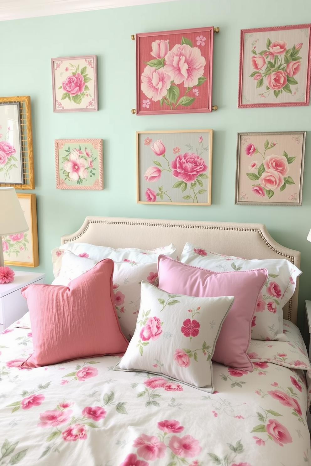 A serene spring bedroom adorned with vibrant wall hangings featuring floral prints in soft pastel colors. The bedding is a light cotton fabric with a mix of floral patterns, complemented by plush pillows in coordinating shades.