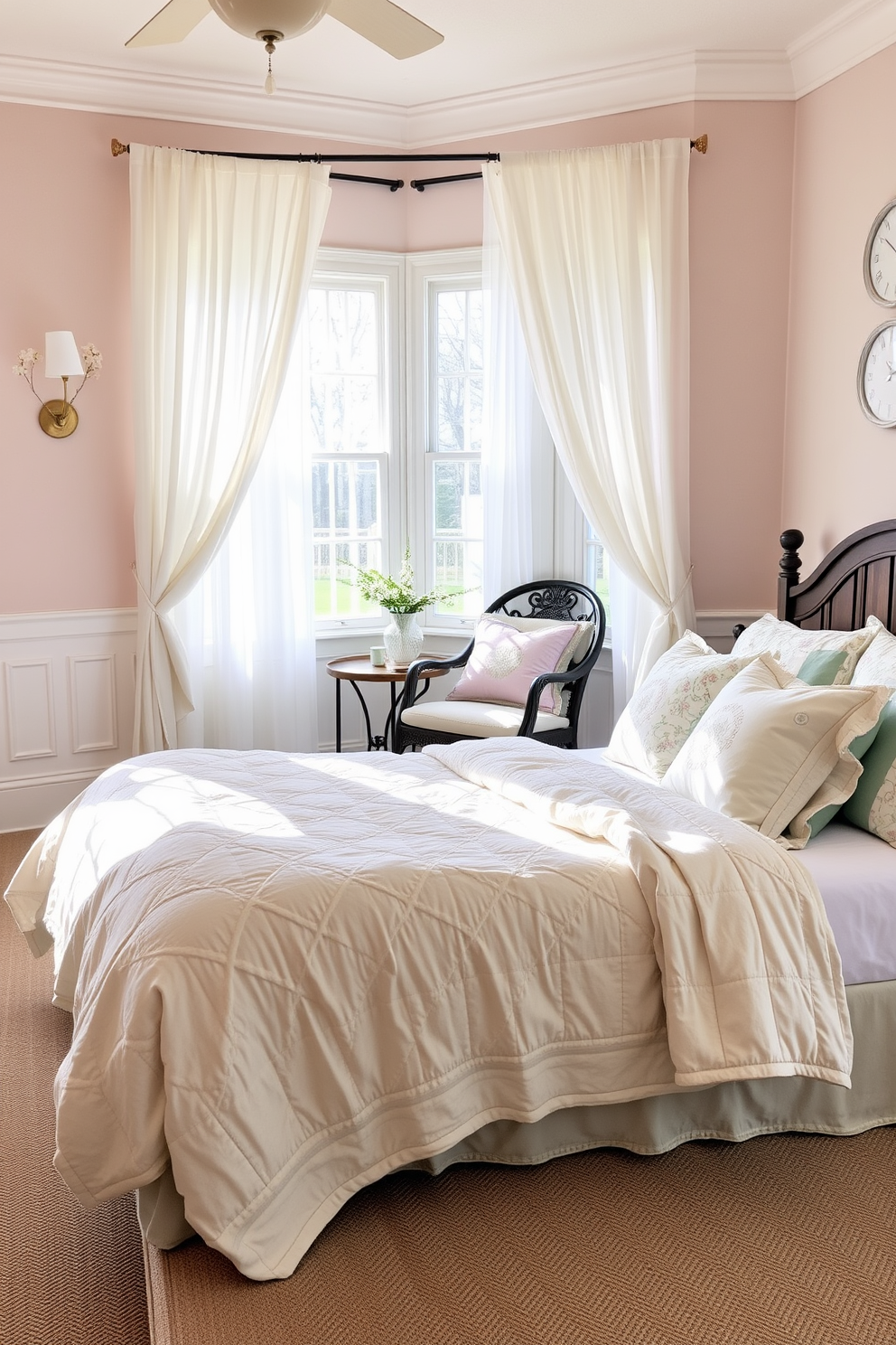 A serene spring bedroom featuring lightweight quilts draped over a plush bed. Soft pastel colors adorn the walls, with floral accents adding a touch of freshness and warmth. Natural light filters through sheer curtains, illuminating a cozy reading nook with a comfortable chair and a small side table. Decorative pillows in coordinating hues enhance the inviting atmosphere, creating a perfect retreat for relaxation.