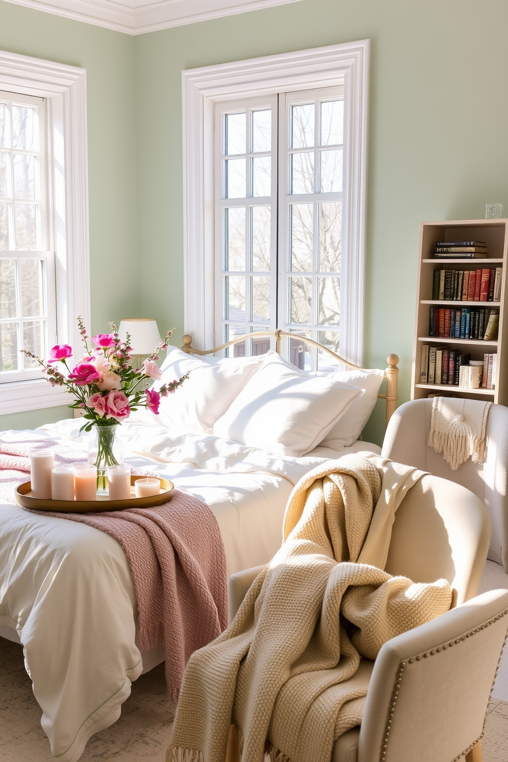 A serene spring bedroom filled with natural light. The bed is adorned with soft pastel linens and fluffy pillows, while a collection of scented candles sits on a bedside table, creating a refreshing aroma. Fresh flowers in a vase add a pop of color to the room, complementing the light green walls. A cozy armchair in the corner invites relaxation, surrounded by soft, textured throws and a small bookshelf filled with favorite reads.