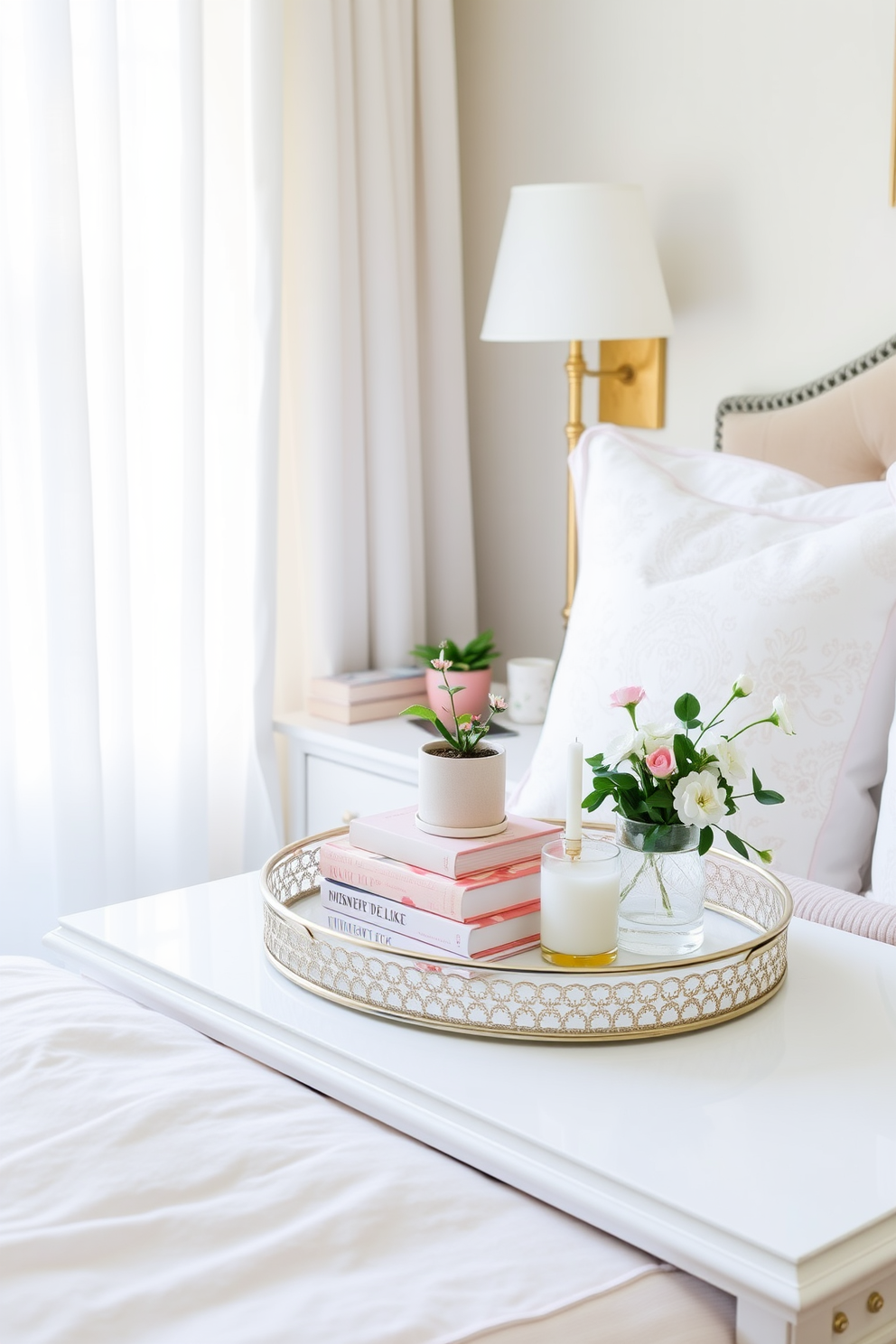 A stylish nightstand adorned with a decorative tray that holds a small potted plant, a stack of books, and a scented candle. The tray adds a touch of elegance while keeping the surface tidy and organized. For a spring bedroom, soft pastel colors dominate the decor with light floral bedding and sheer curtains that let in natural light. Accents of greenery and fresh flowers bring a refreshing and vibrant atmosphere to the space.