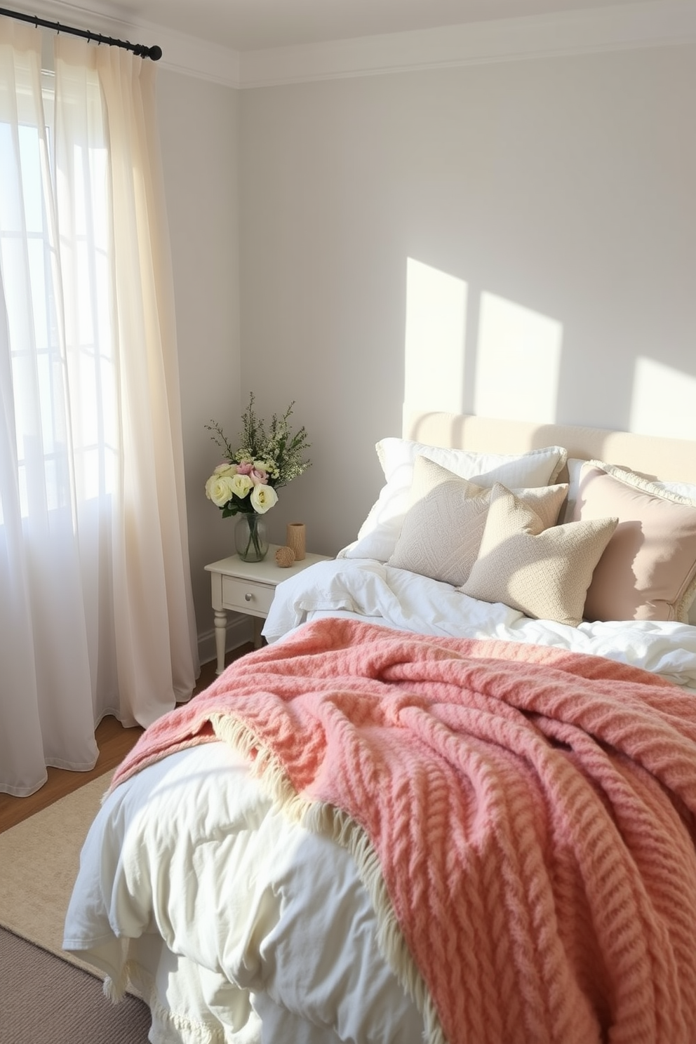 A cozy spring bedroom filled with seasonal throw blankets in soft pastel colors. The bed is adorned with a fluffy white duvet and multiple throw pillows, creating an inviting atmosphere. Natural light streams through sheer curtains, illuminating the space. A small bedside table holds a vase of fresh flowers, enhancing the cheerful spring vibe.