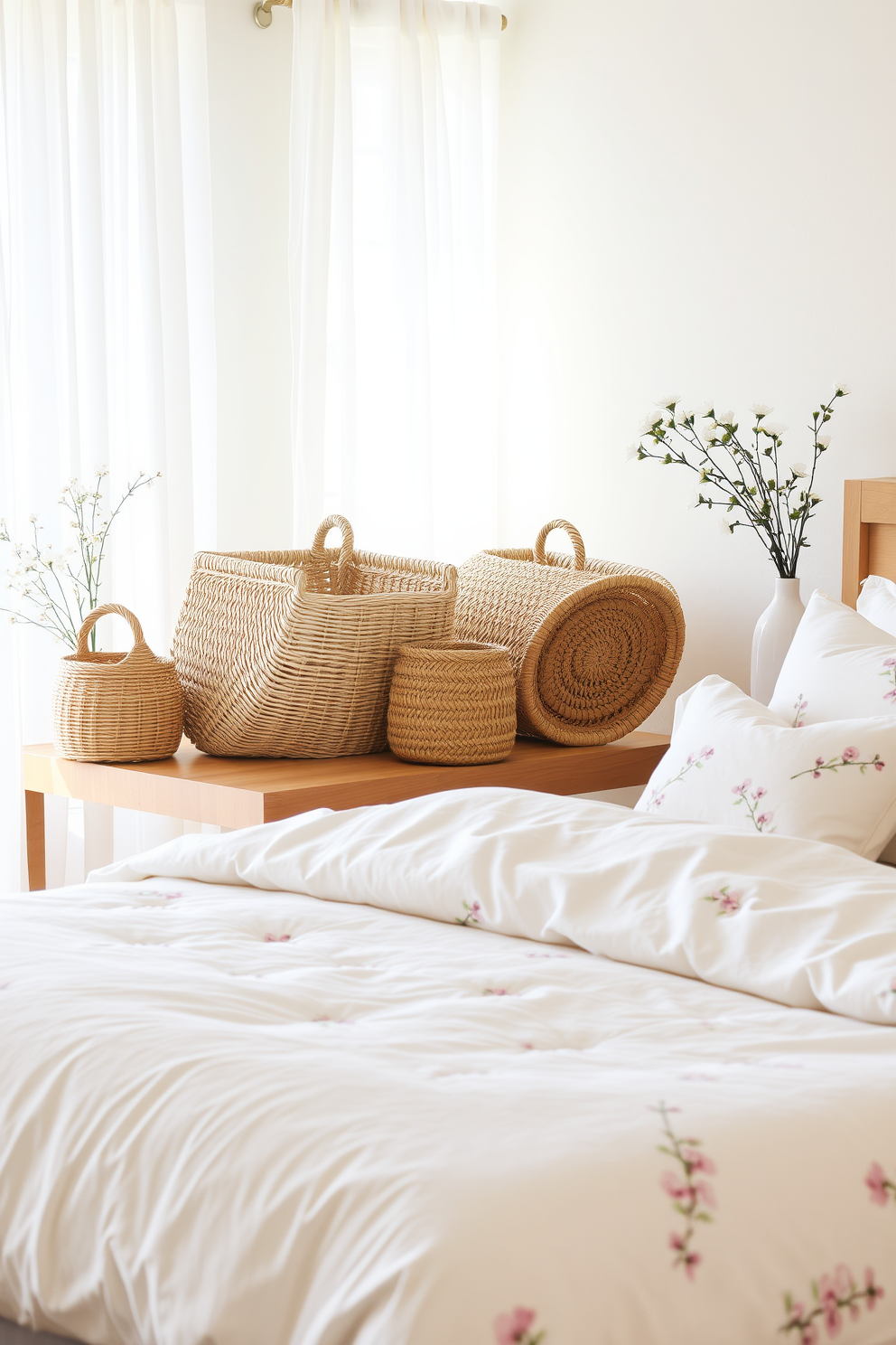 Woven baskets are arranged neatly on a wooden shelf, adding a touch of warmth and texture to the space. They complement the soft pastel colors of the bedding and decor, creating a cohesive and inviting spring atmosphere. The bedroom features fresh floral accents, with a light duvet cover adorned with delicate blossoms. Natural light filters through sheer curtains, enhancing the serene ambiance and bringing the beauty of spring indoors.