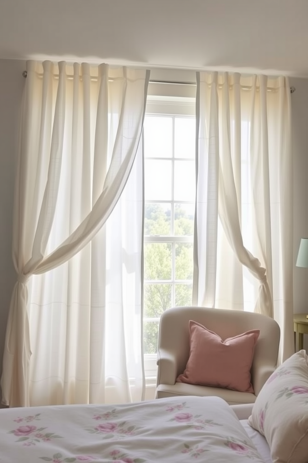 A serene bedroom setting featuring lightweight linen curtains that billow gently in the breeze. The curtains frame a large window, allowing soft natural light to filter in and create an airy atmosphere. The room is adorned with fresh spring decor, including floral-patterned bedding and pastel-colored throw pillows. A cozy reading nook with a plush chair and a small side table completes the inviting space.