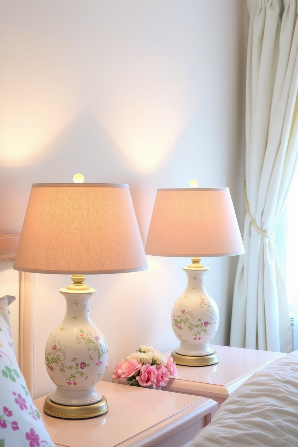 Charming bedside lamps provide a warm and inviting glow to the bedroom. Each lamp features a delicate ceramic base with intricate floral patterns and a soft fabric shade that diffuses the light beautifully. For spring bedroom decorating ideas, consider incorporating pastel colors and fresh floral accents. Light, airy curtains flutter gently in the breeze, complementing the cheerful atmosphere created by the decor.