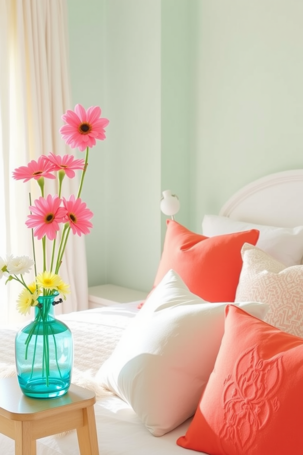 Brightly colored vases filled with fresh flowers sit on a bedside table, adding a vibrant touch to the room. The walls are painted in soft pastel shades, creating a cheerful and inviting atmosphere. A cozy bed adorned with light, airy linens features decorative pillows in complementary colors. Natural light streams in through sheer curtains, enhancing the freshness of the spring-inspired decor.