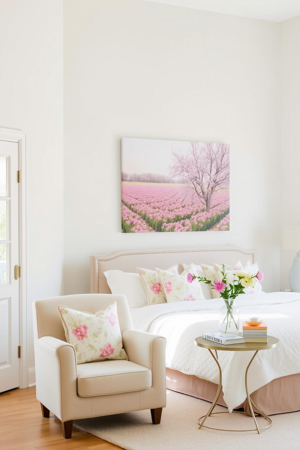 A serene spring bedroom setting filled with natural light. The walls are painted in a soft pastel color, and a large canvas featuring a vibrant spring landscape hangs above a plush bed adorned with floral-patterned pillows. A cozy reading nook is created by a comfortable armchair placed near a window. A small side table holds a vase with fresh spring blooms, adding a touch of nature to the space.