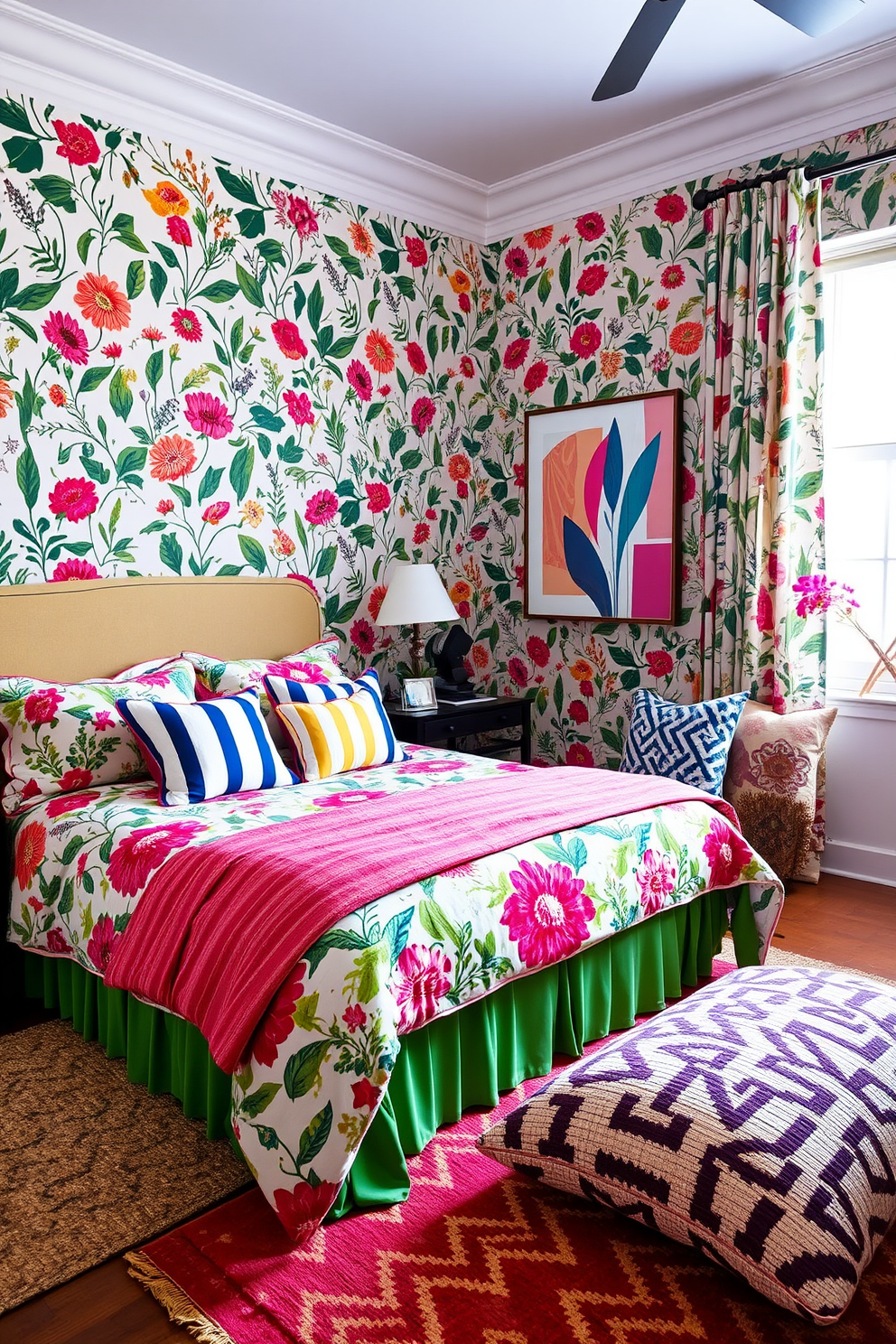 A vibrant spring bedroom filled with an array of patterns that create a lively atmosphere. The bedding features a floral print with bright colors, complemented by striped throw pillows in coordinating hues. The walls are adorned with a playful wallpaper showcasing a mix of geometric shapes and botanical elements. A cozy area rug with a bold pattern anchors the space, while artwork with abstract designs adds to the energetic vibe.