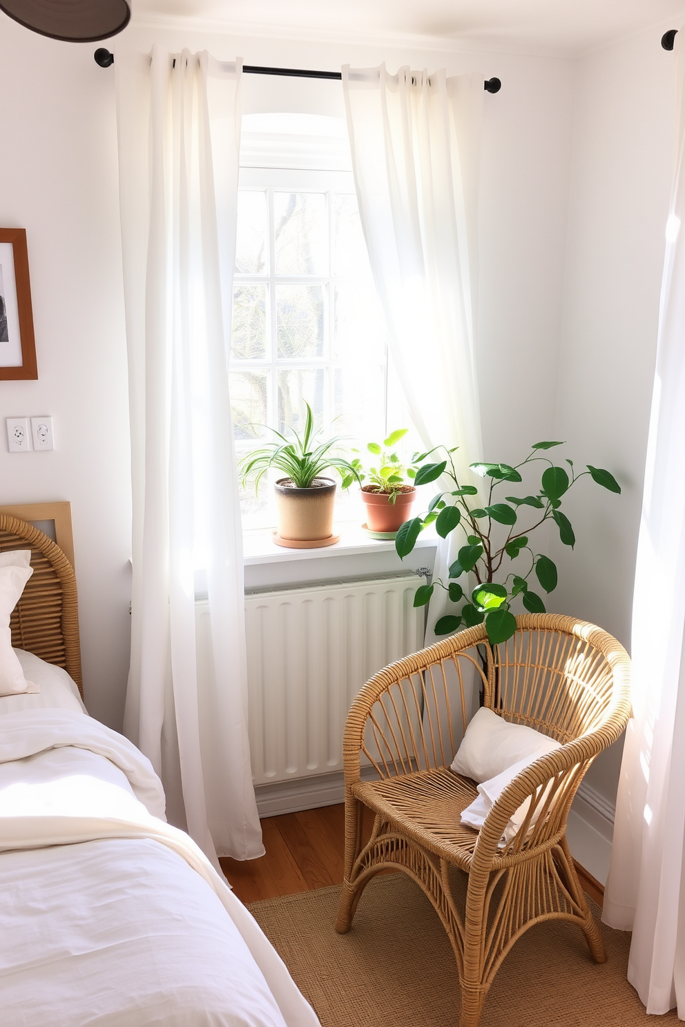 A cozy spring bedroom featuring wicker furniture that adds a rustic touch. The bed is adorned with light pastel linens, and a woven wicker chair sits in the corner next to a small side table. Natural light streams in through sheer curtains, illuminating the room with a warm glow. Potted plants are placed on the windowsill, enhancing the fresh and inviting atmosphere.