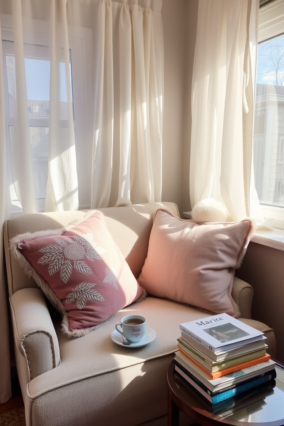 A cozy reading nook is set up in the corner of a sunlit room. Plush cushions in soft pastel colors are arranged on a comfortable armchair, inviting relaxation and enjoyment of a good book. The walls are adorned with light, airy curtains that flutter gently in the breeze. A small side table holds a steaming cup of tea and a stack of favorite novels, completing this serene space.